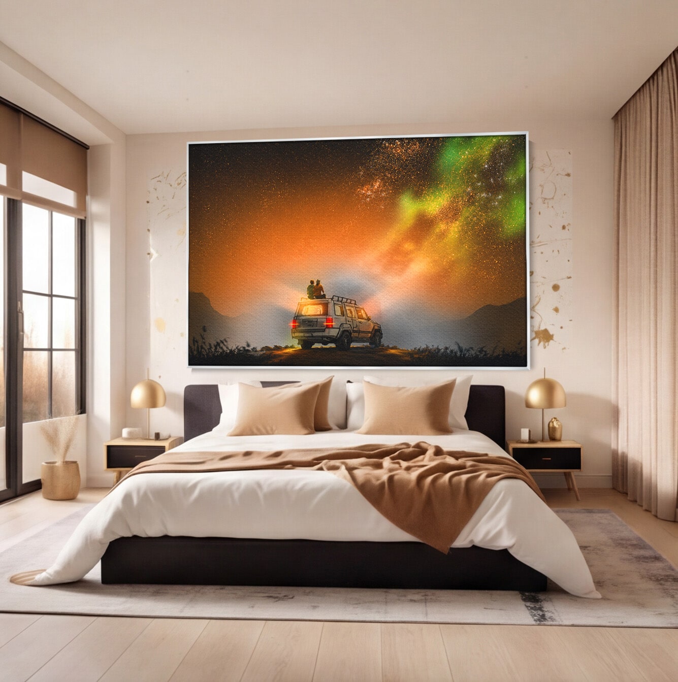 Tablou Canvas Premium LuxCanva® S1015, Cuplu Sub Aurora, Cuplu, Aurora, Masina, Stele, Noapte, Aventura, Living, Culori Vibrante