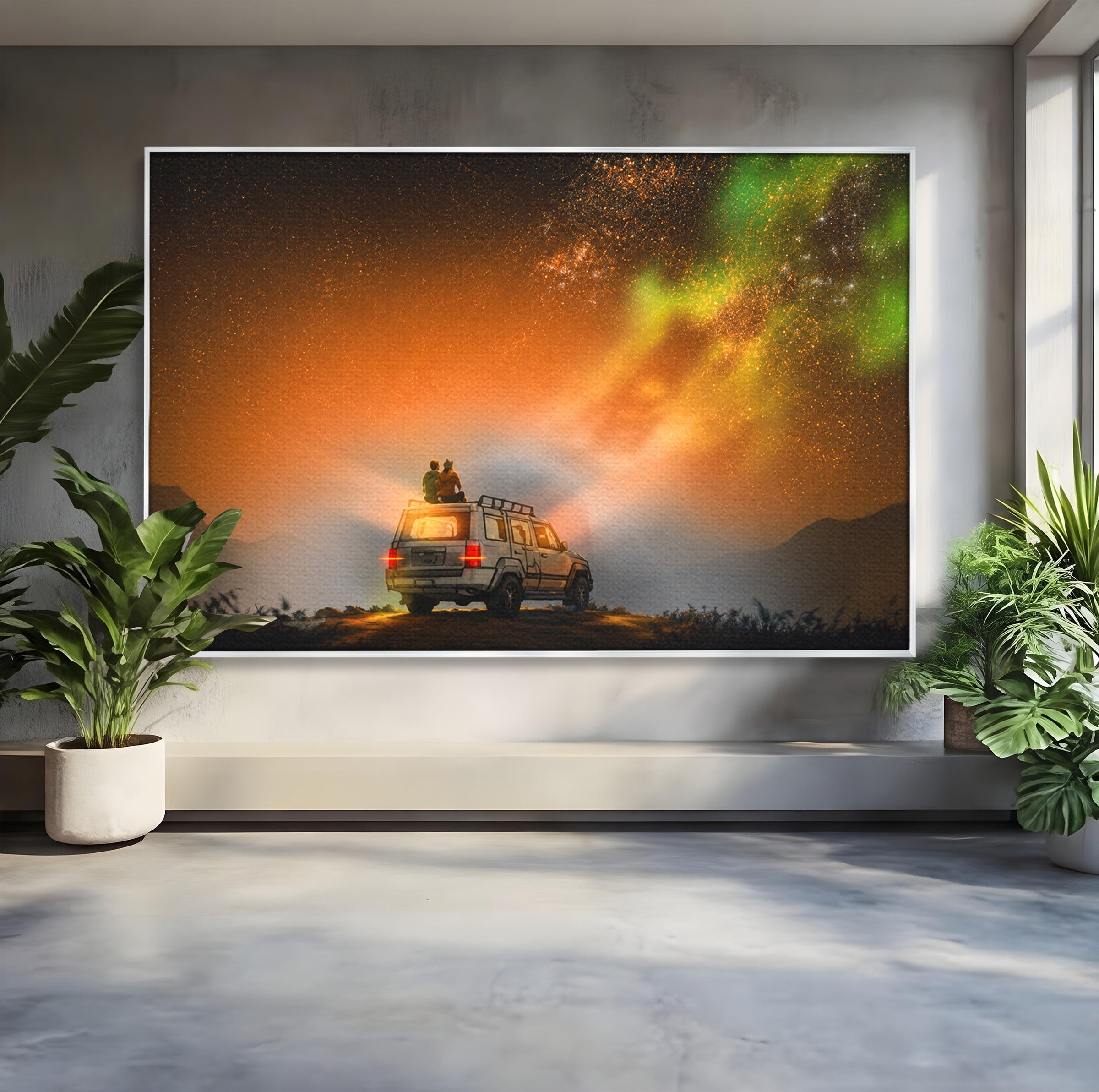 Tablou Canvas Premium LuxCanva® S1015, Cuplu Sub Aurora, Cuplu, Aurora, Masina, Stele, Noapte, Aventura, Living, Culori Vibrante