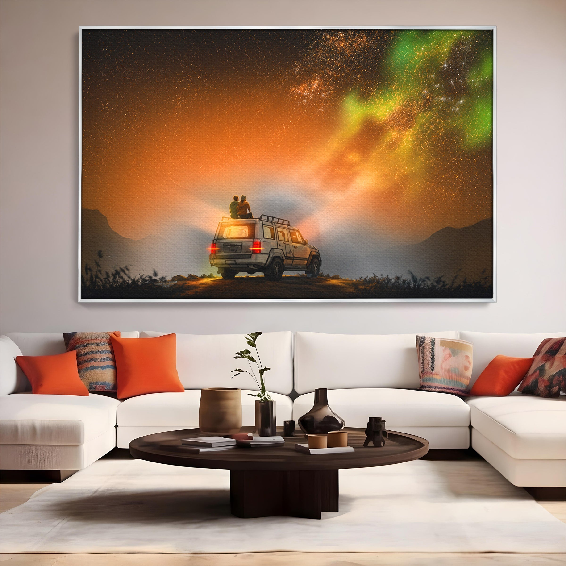 Tablou Canvas Premium LuxCanva® S1015, Cuplu Sub Aurora, Cuplu, Aurora, Masina, Stele, Noapte, Aventura, Living, Culori Vibrante