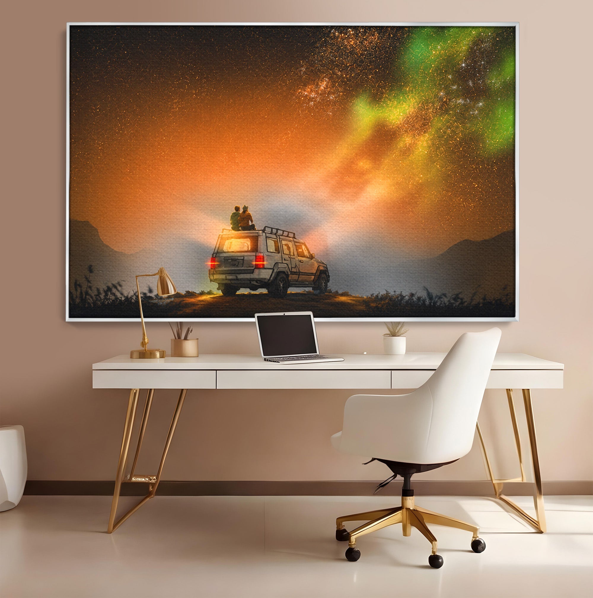 Tablou Canvas Premium LuxCanva® S1015, Cuplu Sub Aurora, Cuplu, Aurora, Masina, Stele, Noapte, Aventura, Living, Culori Vibrante