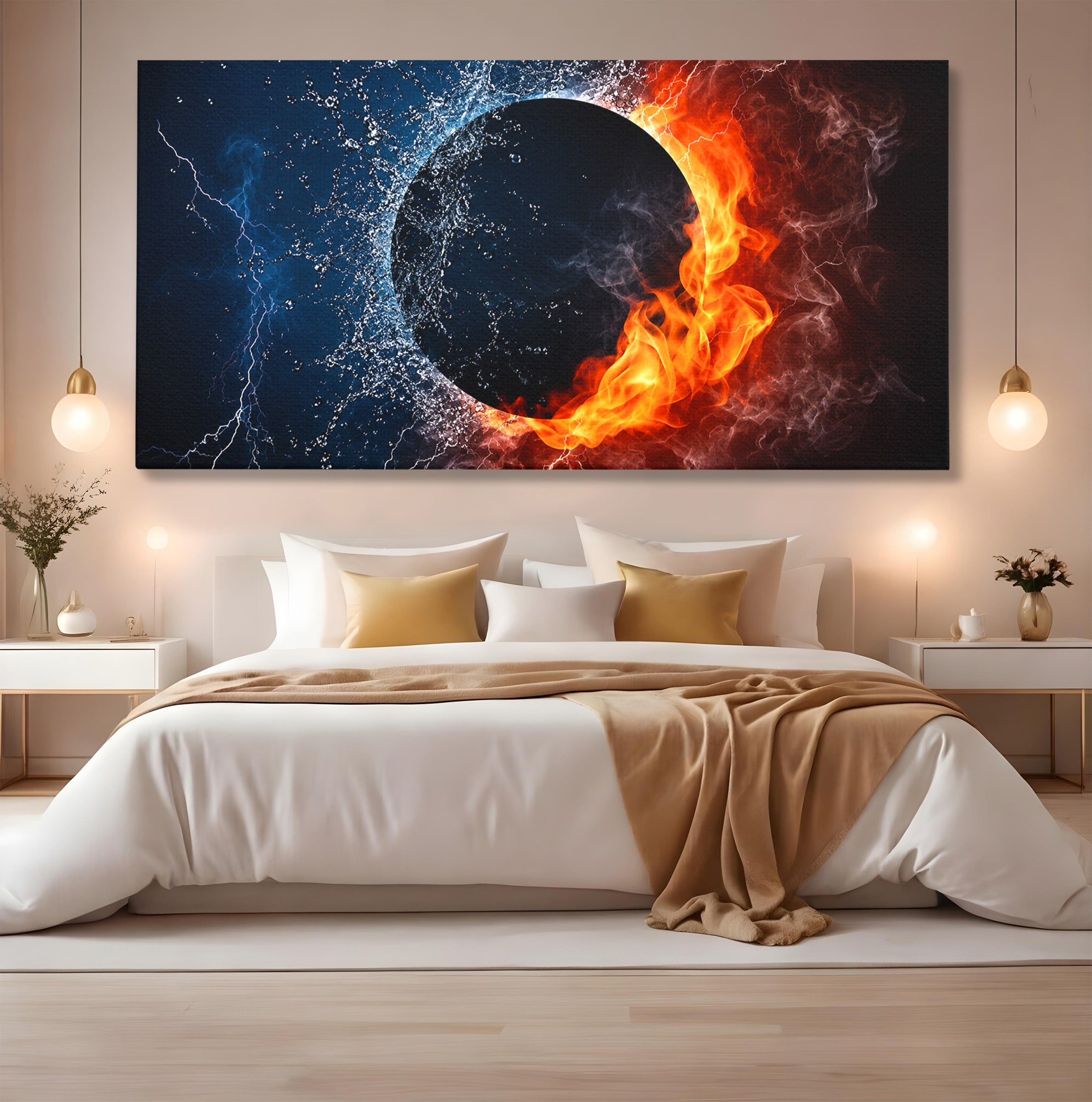 Tablou Canvas Premium LuxCanva® S1018, Dualitatea Elementelor, Elemente, Foc, Apa, Abstract, Living, Dormitor, Culori Vibrante