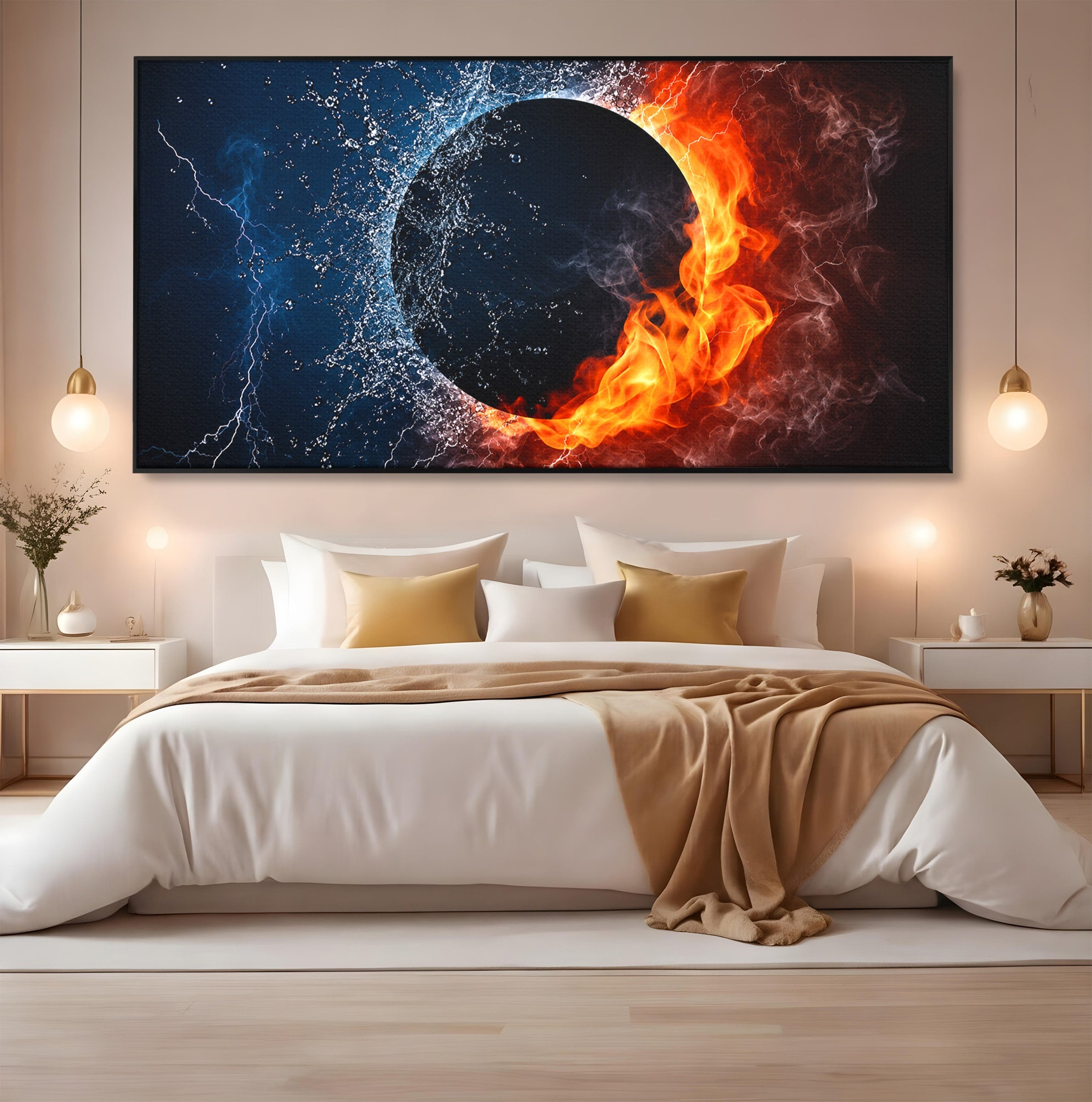 Tablou Canvas Premium LuxCanva® S1018, Dualitatea Elementelor, Elemente, Foc, Apa, Abstract, Living, Dormitor, Culori Vibrante
