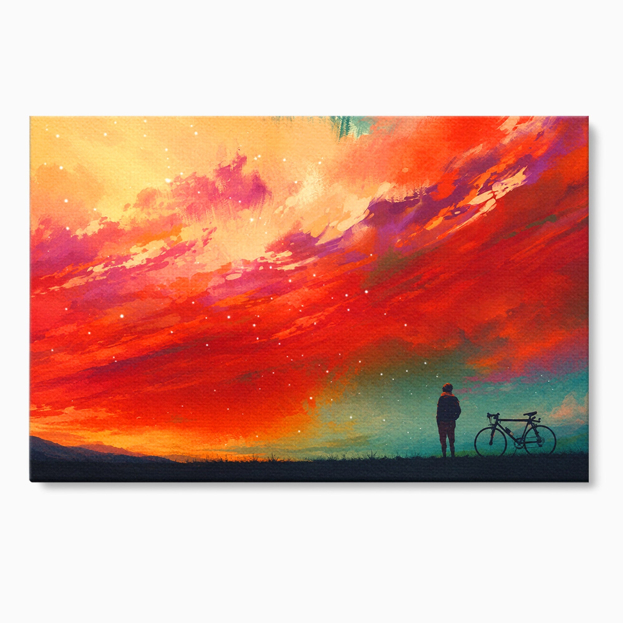 Tablou Canvas Premium LuxCanva® S1019, Visul Ciclistului, Ciclist, Apus, Peisaj, Cer, Dormitor, Culori Vibrante