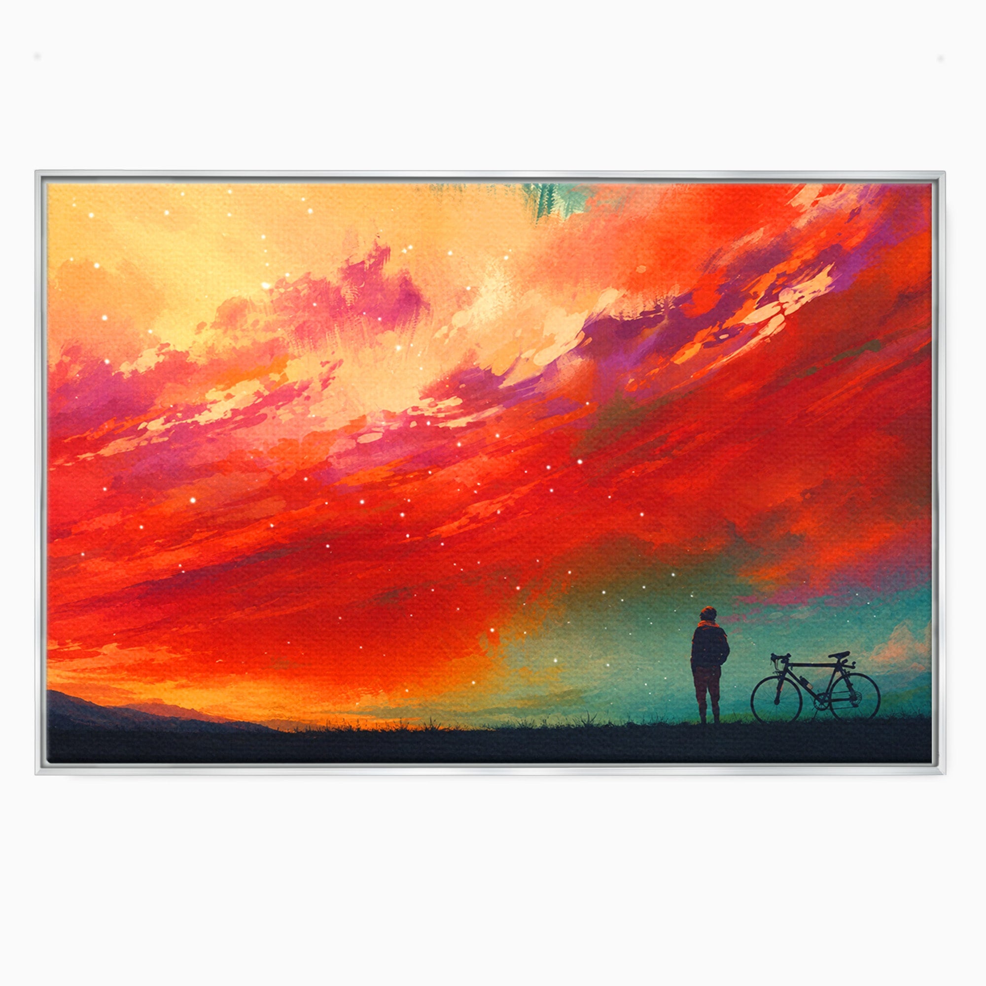 Tablou Canvas Premium LuxCanva® S1019, Visul Ciclistului, Ciclist, Apus, Peisaj, Cer, Dormitor, Culori Vibrante