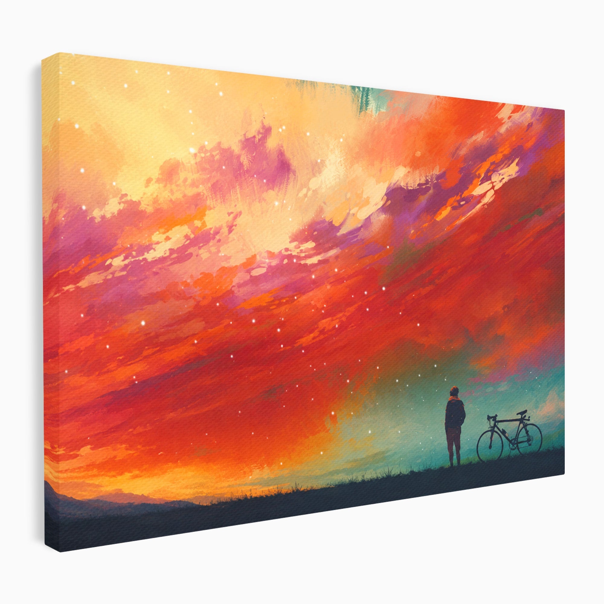 Tablou Canvas Premium LuxCanva® S1019, Visul Ciclistului, Ciclist, Apus, Peisaj, Cer, Dormitor, Culori Vibrante