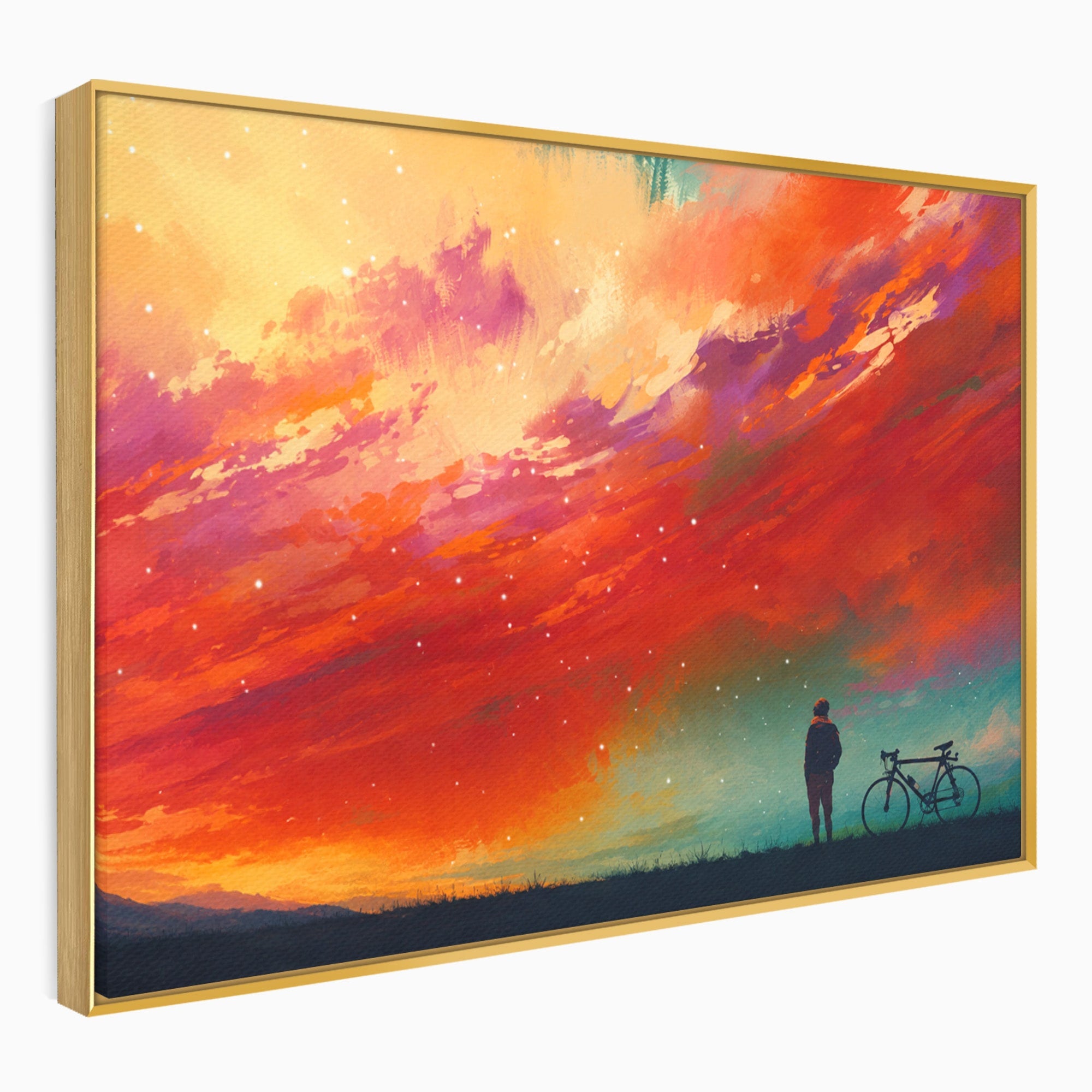 Tablou Canvas Premium LuxCanva® S1019, Visul Ciclistului, Ciclist, Apus, Peisaj, Cer, Dormitor, Culori Vibrante