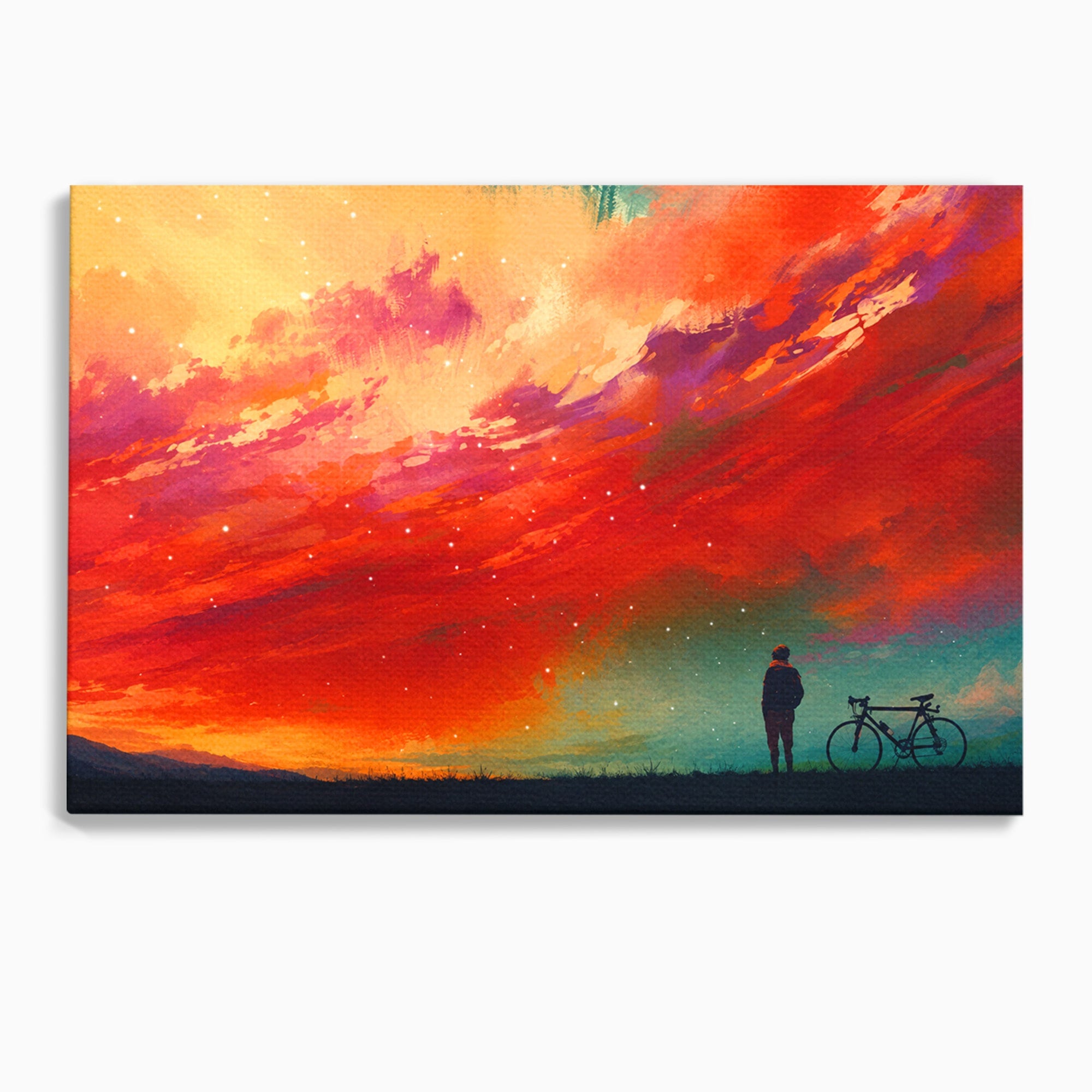 Tablou Canvas Premium LuxCanva® S1019, Visul Ciclistului, Ciclist, Apus, Peisaj, Cer, Dormitor, Culori Vibrante