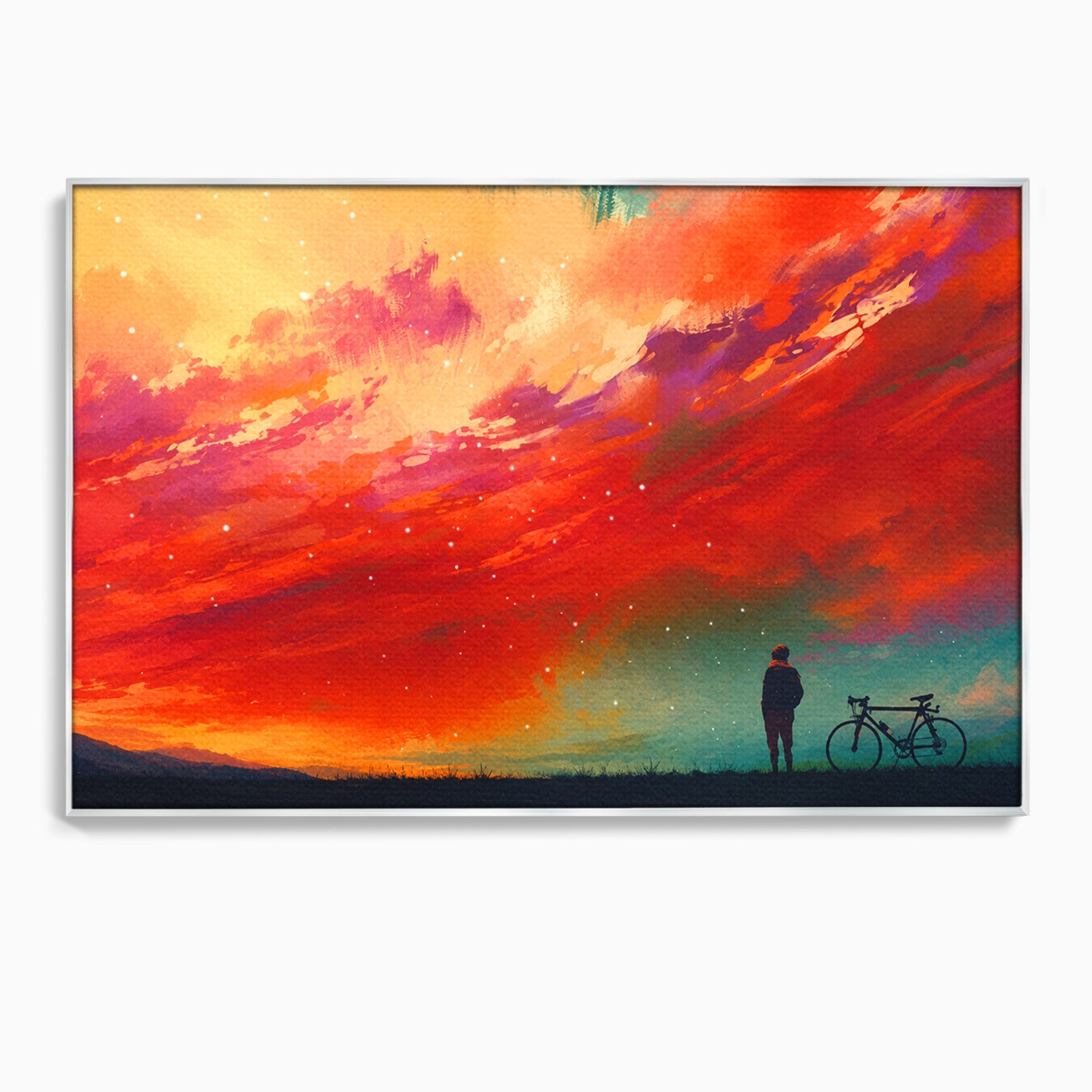 Tablou Canvas Premium LuxCanva® S1019, Visul Ciclistului, Ciclist, Apus, Peisaj, Cer, Dormitor, Culori Vibrante