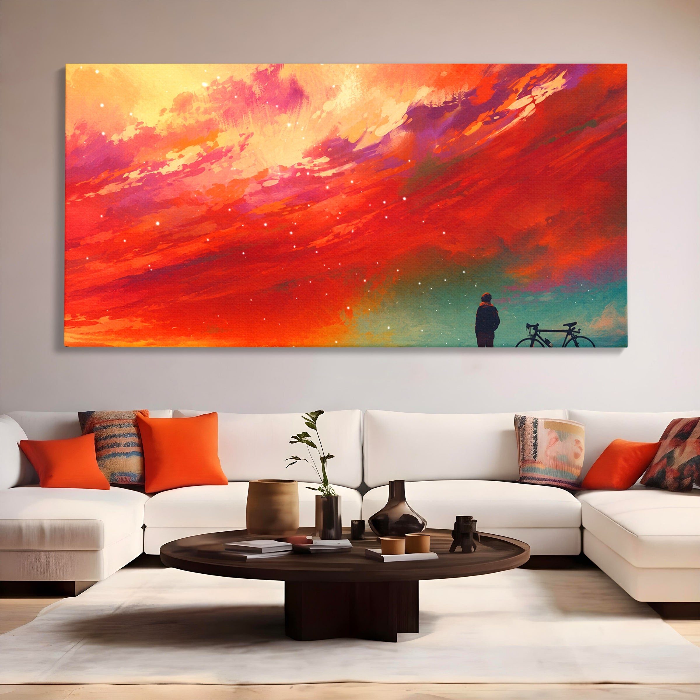 Tablou Canvas Premium LuxCanva® S1019, Visul Ciclistului, Ciclist, Apus, Peisaj, Cer, Dormitor, Culori Vibrante