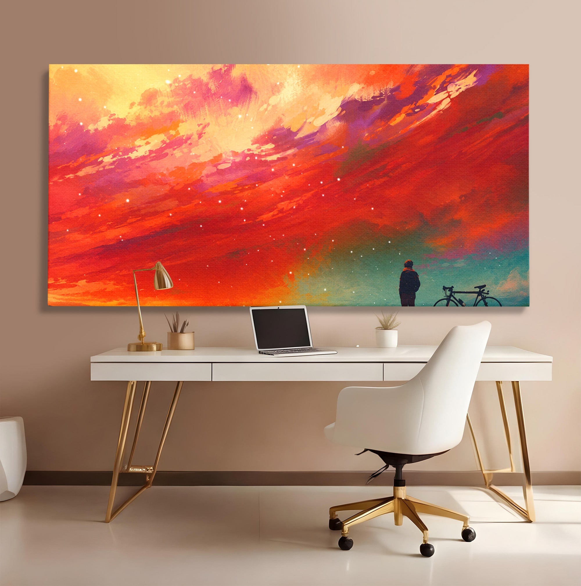 Tablou Canvas Premium LuxCanva® S1019, Visul Ciclistului, Ciclist, Apus, Peisaj, Cer, Dormitor, Culori Vibrante