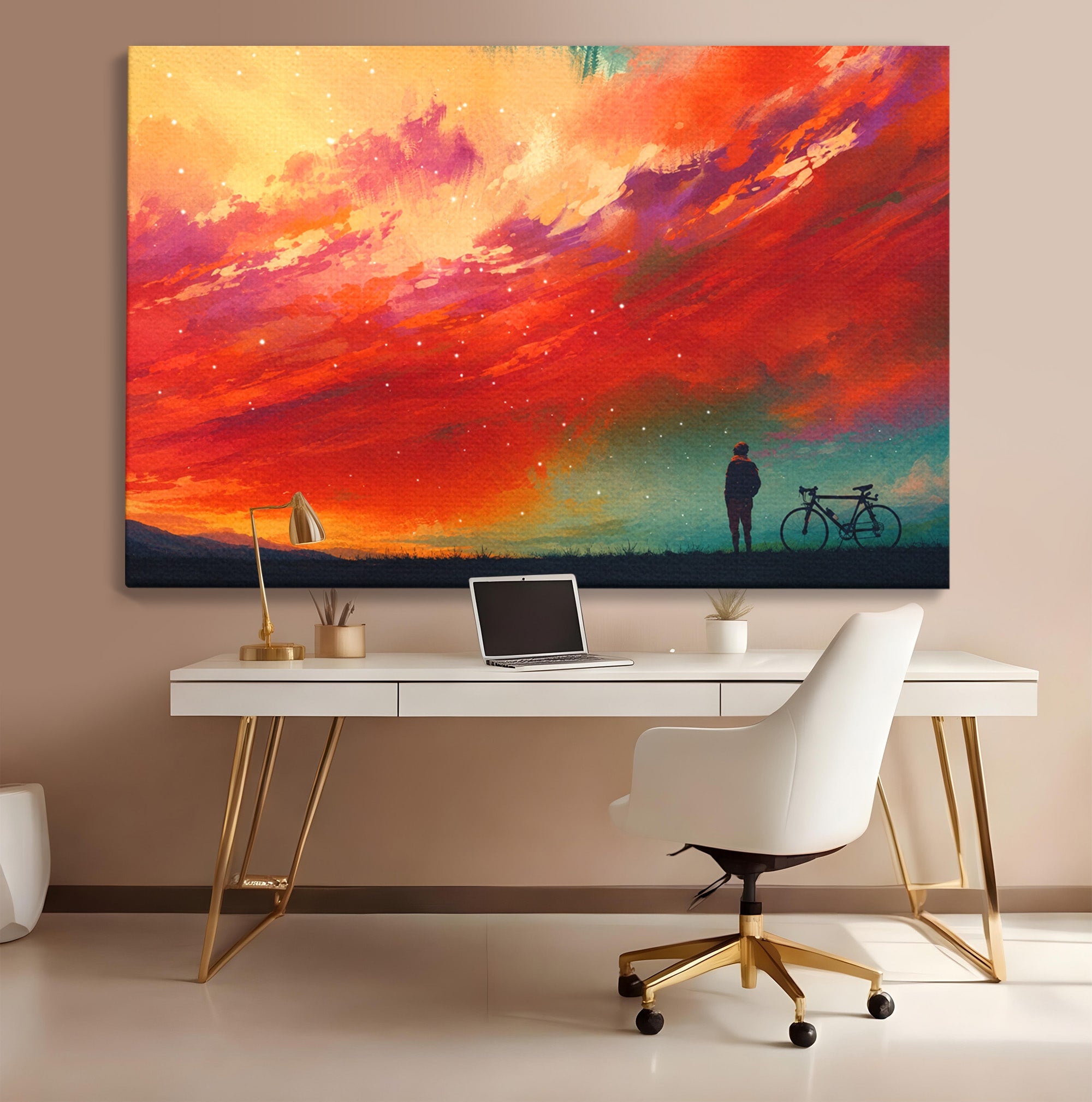 Tablou Canvas Premium LuxCanva® S1019, Visul Ciclistului, Ciclist, Apus, Peisaj, Cer, Dormitor, Culori Vibrante