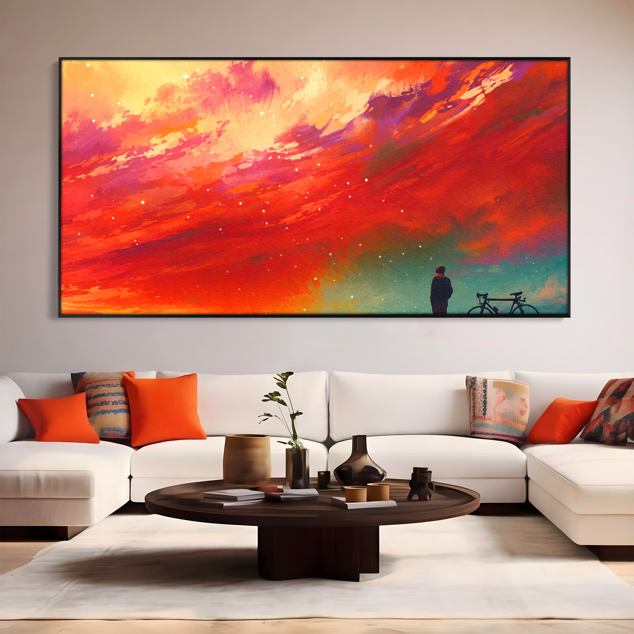 Tablou Canvas Premium LuxCanva® S1019, Visul Ciclistului, Ciclist, Apus, Peisaj, Cer, Dormitor, Culori Vibrante