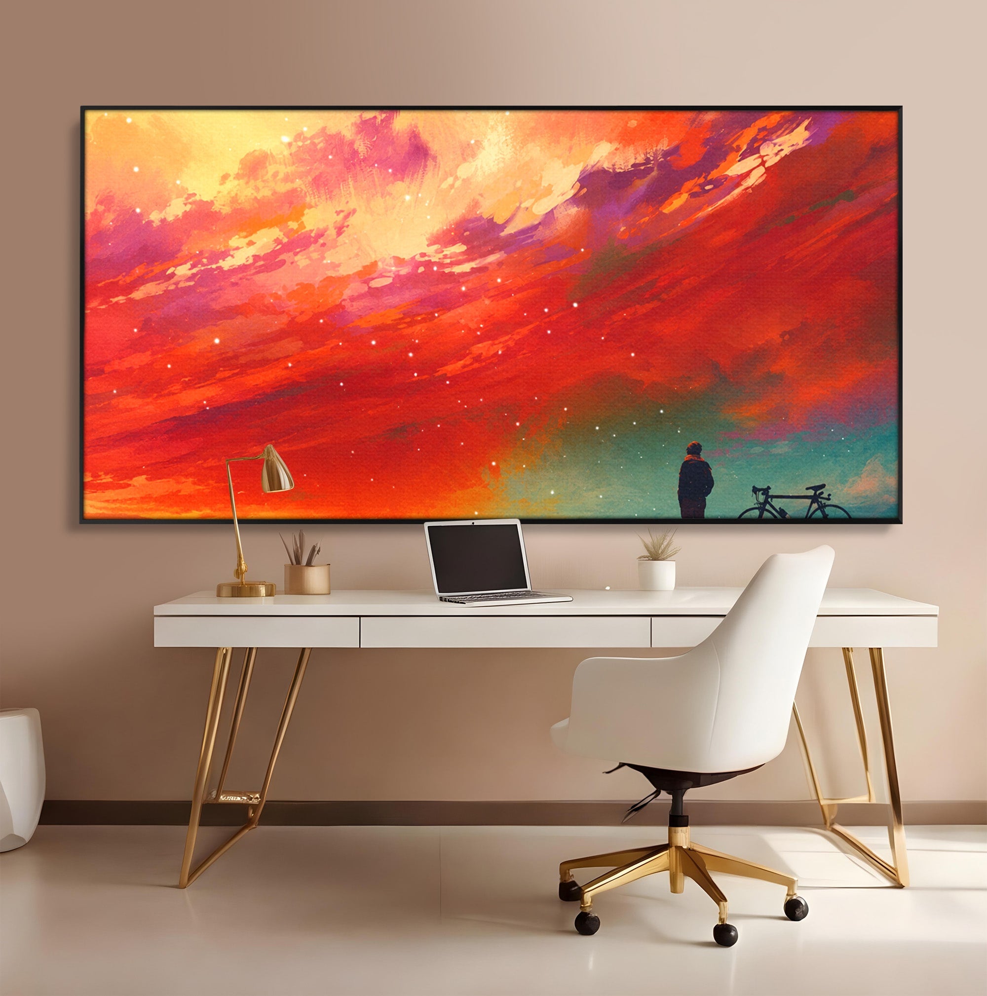 Tablou Canvas Premium LuxCanva® S1019, Visul Ciclistului, Ciclist, Apus, Peisaj, Cer, Dormitor, Culori Vibrante