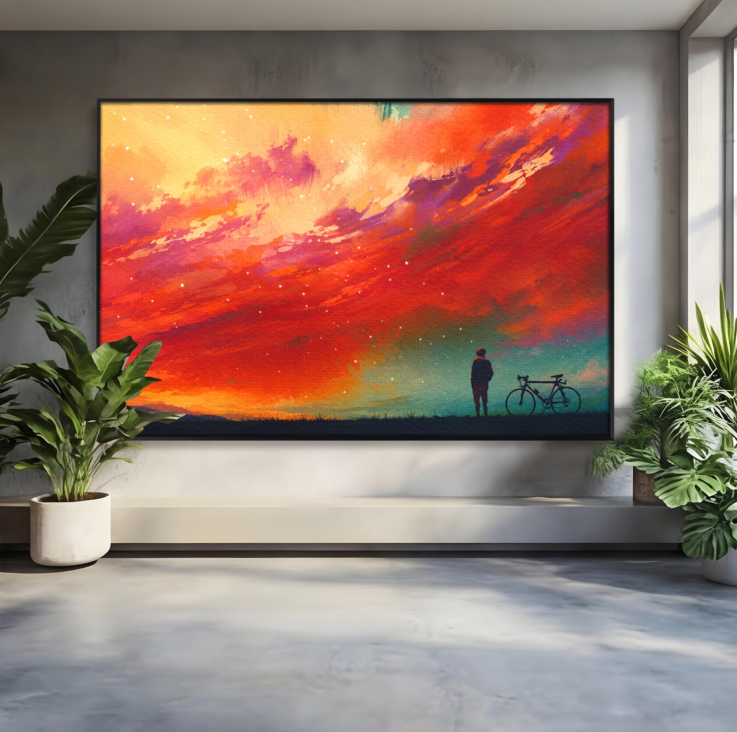 Tablou Canvas Premium LuxCanva® S1019, Visul Ciclistului, Ciclist, Apus, Peisaj, Cer, Dormitor, Culori Vibrante