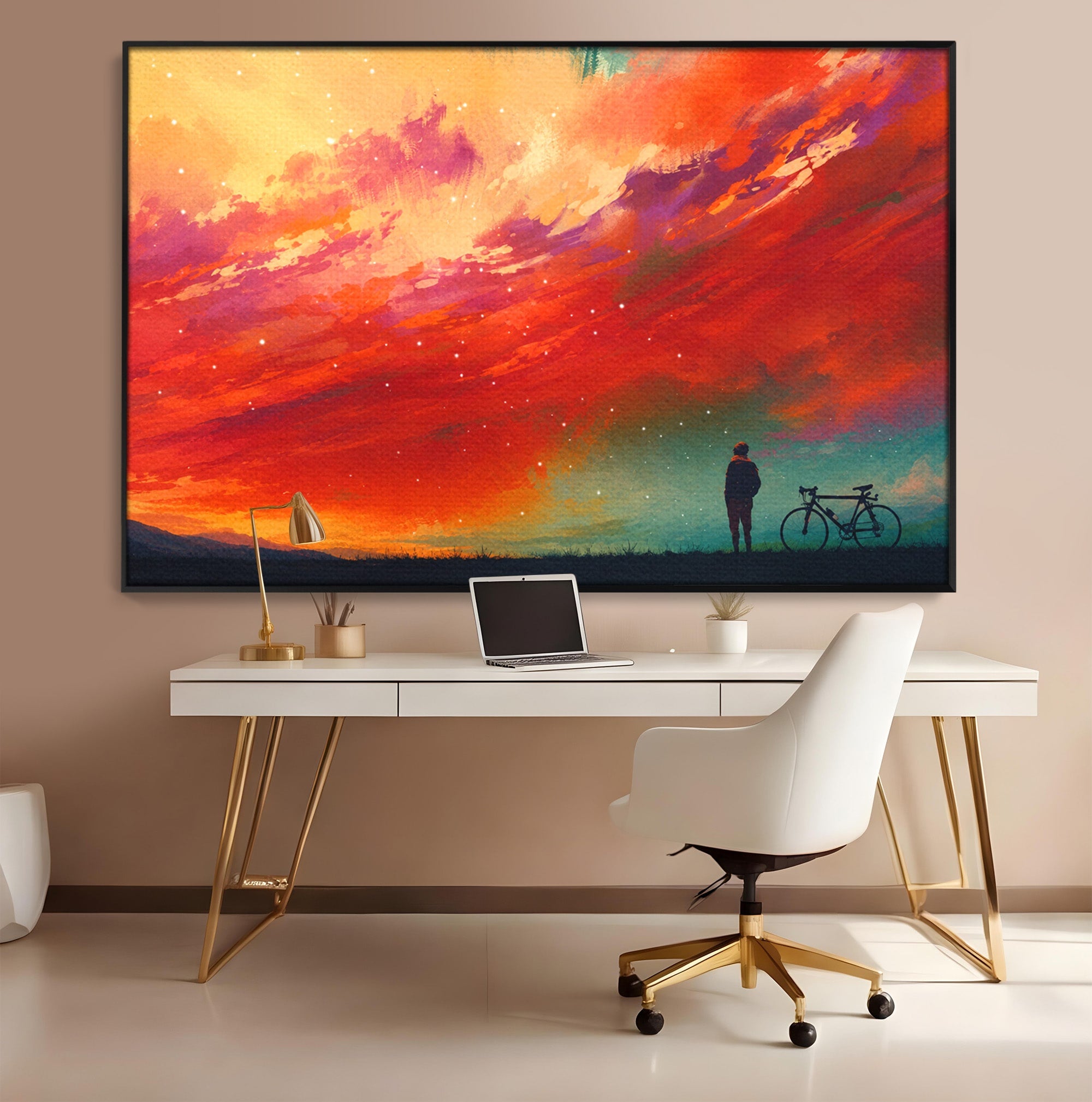 Tablou Canvas Premium LuxCanva® S1019, Visul Ciclistului, Ciclist, Apus, Peisaj, Cer, Dormitor, Culori Vibrante