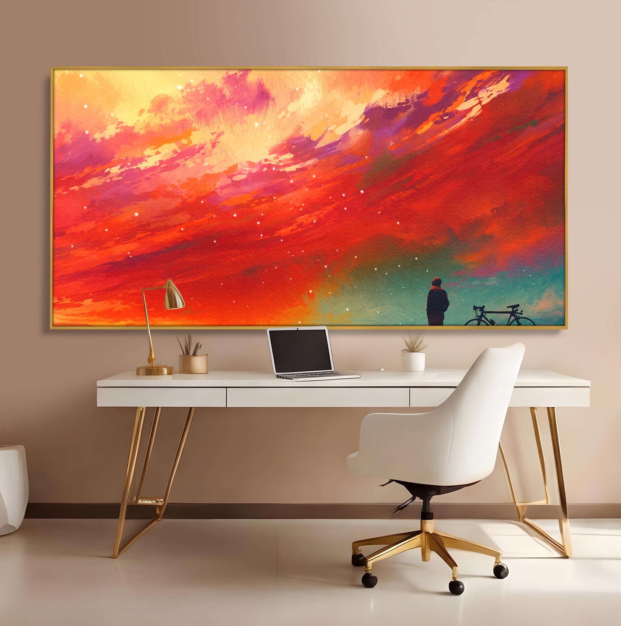Tablou Canvas Premium LuxCanva® S1019, Visul Ciclistului, Ciclist, Apus, Peisaj, Cer, Dormitor, Culori Vibrante