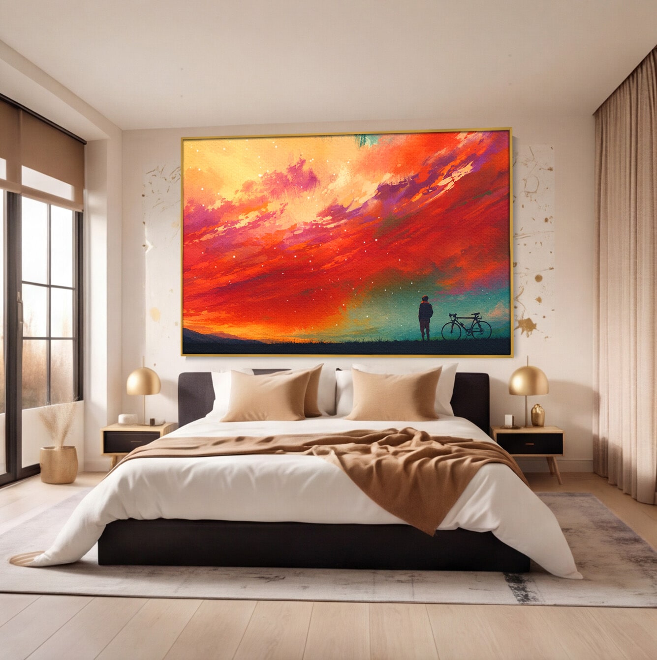 Tablou Canvas Premium LuxCanva® S1019, Visul Ciclistului, Ciclist, Apus, Peisaj, Cer, Dormitor, Culori Vibrante