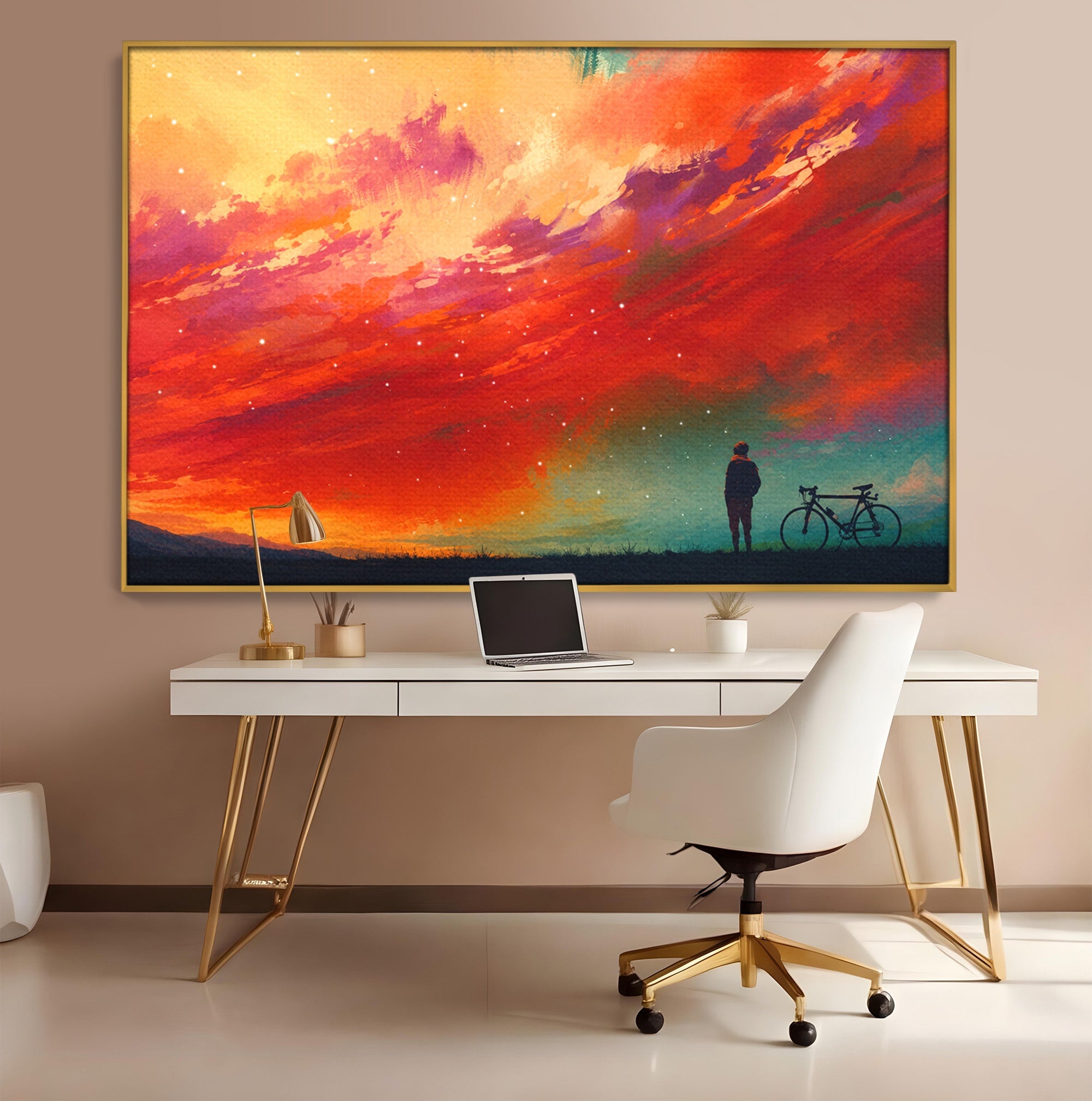 Tablou Canvas Premium LuxCanva® S1019, Visul Ciclistului, Ciclist, Apus, Peisaj, Cer, Dormitor, Culori Vibrante