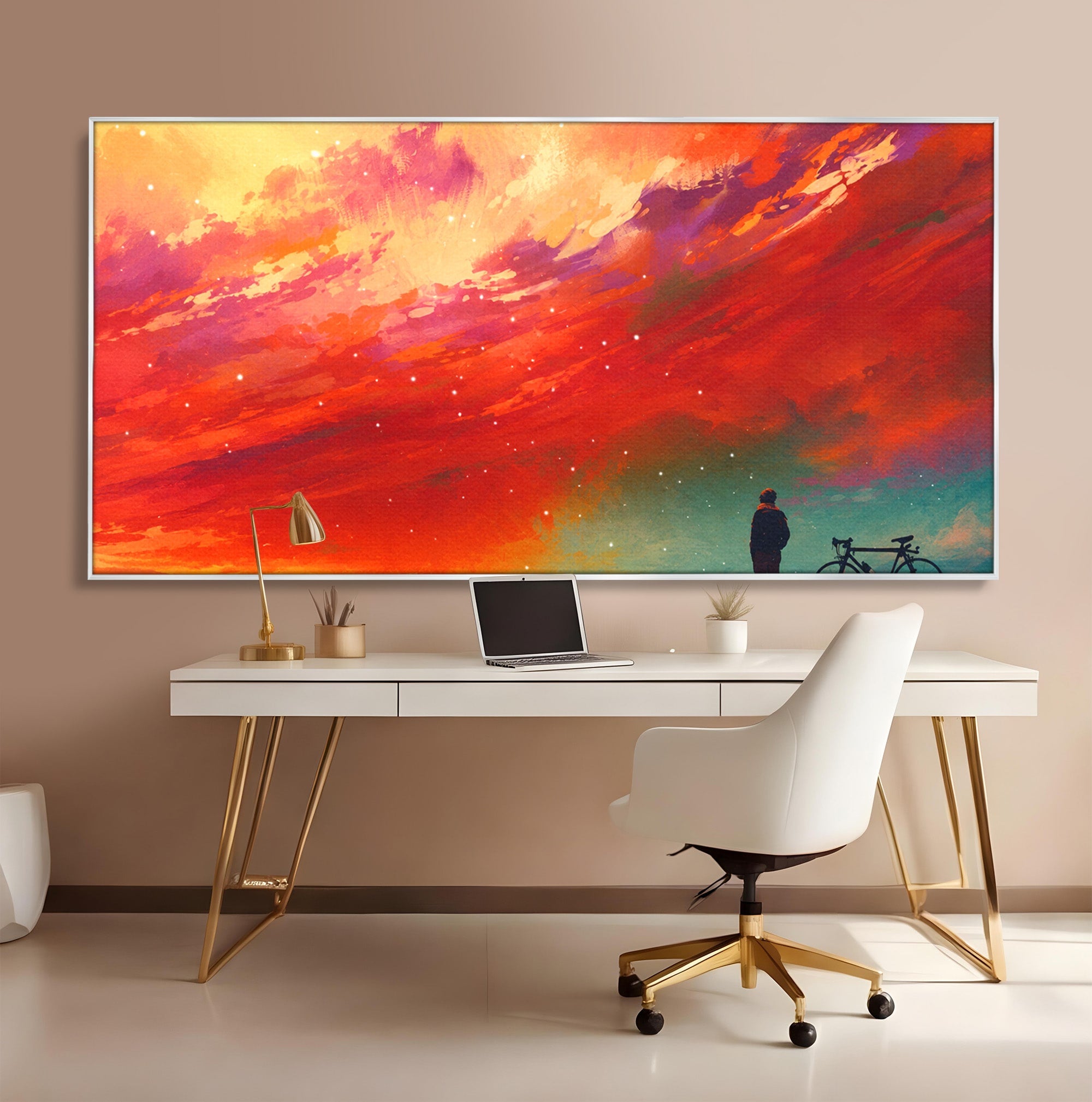 Tablou Canvas Premium LuxCanva® S1019, Visul Ciclistului, Ciclist, Apus, Peisaj, Cer, Dormitor, Culori Vibrante