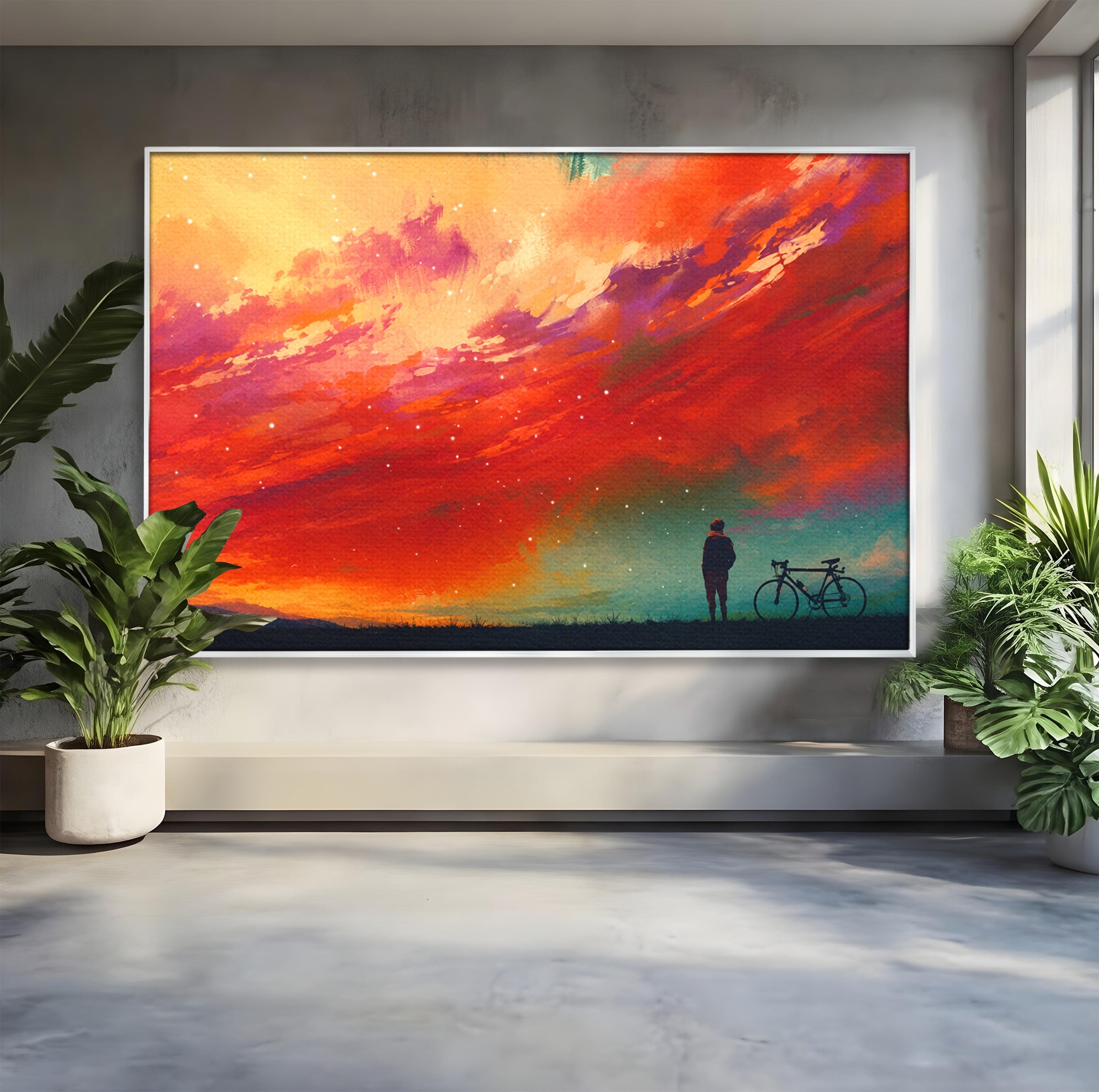 Tablou Canvas Premium LuxCanva® S1019, Visul Ciclistului, Ciclist, Apus, Peisaj, Cer, Dormitor, Culori Vibrante