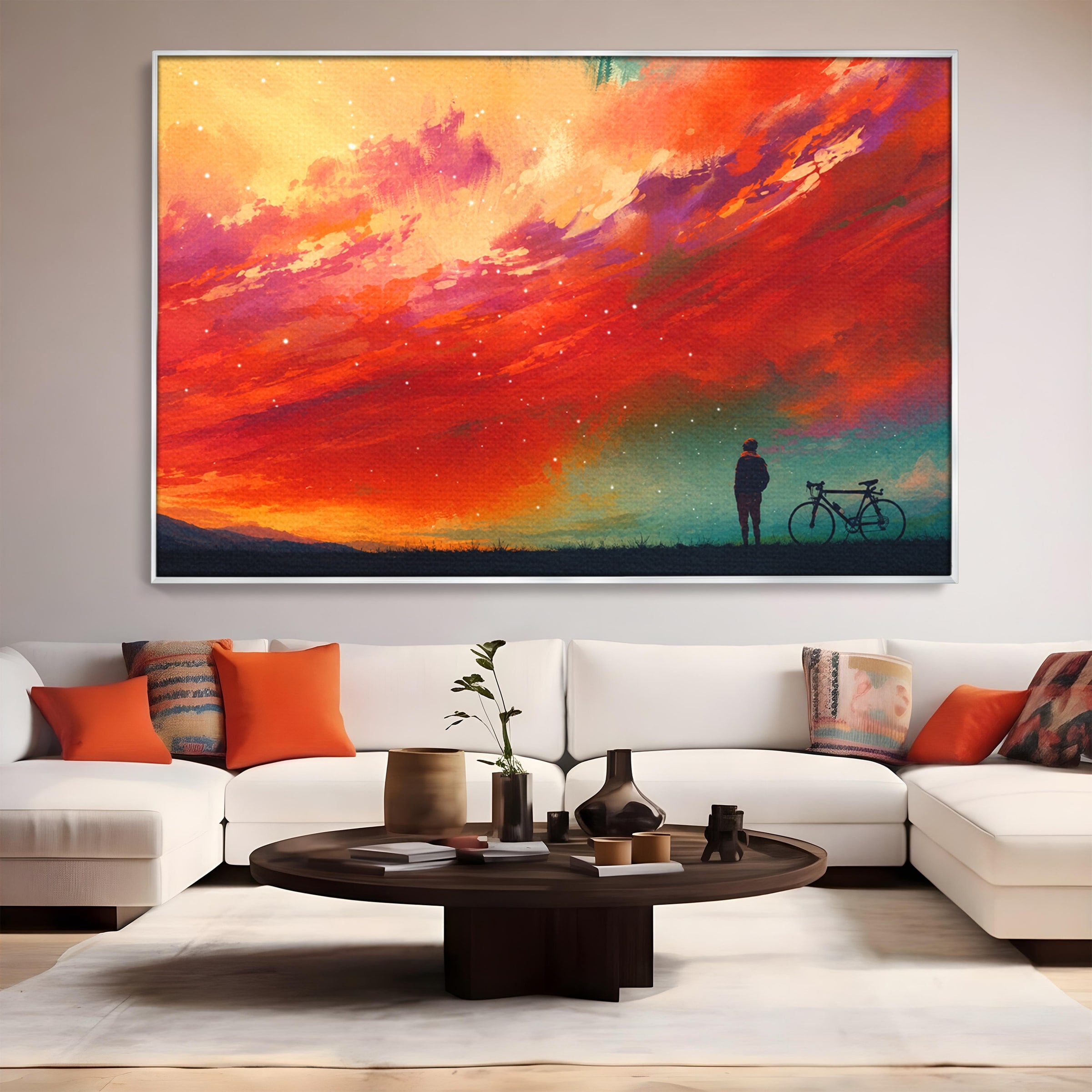 Tablou Canvas Premium LuxCanva® S1019, Visul Ciclistului, Ciclist, Apus, Peisaj, Cer, Dormitor, Culori Vibrante