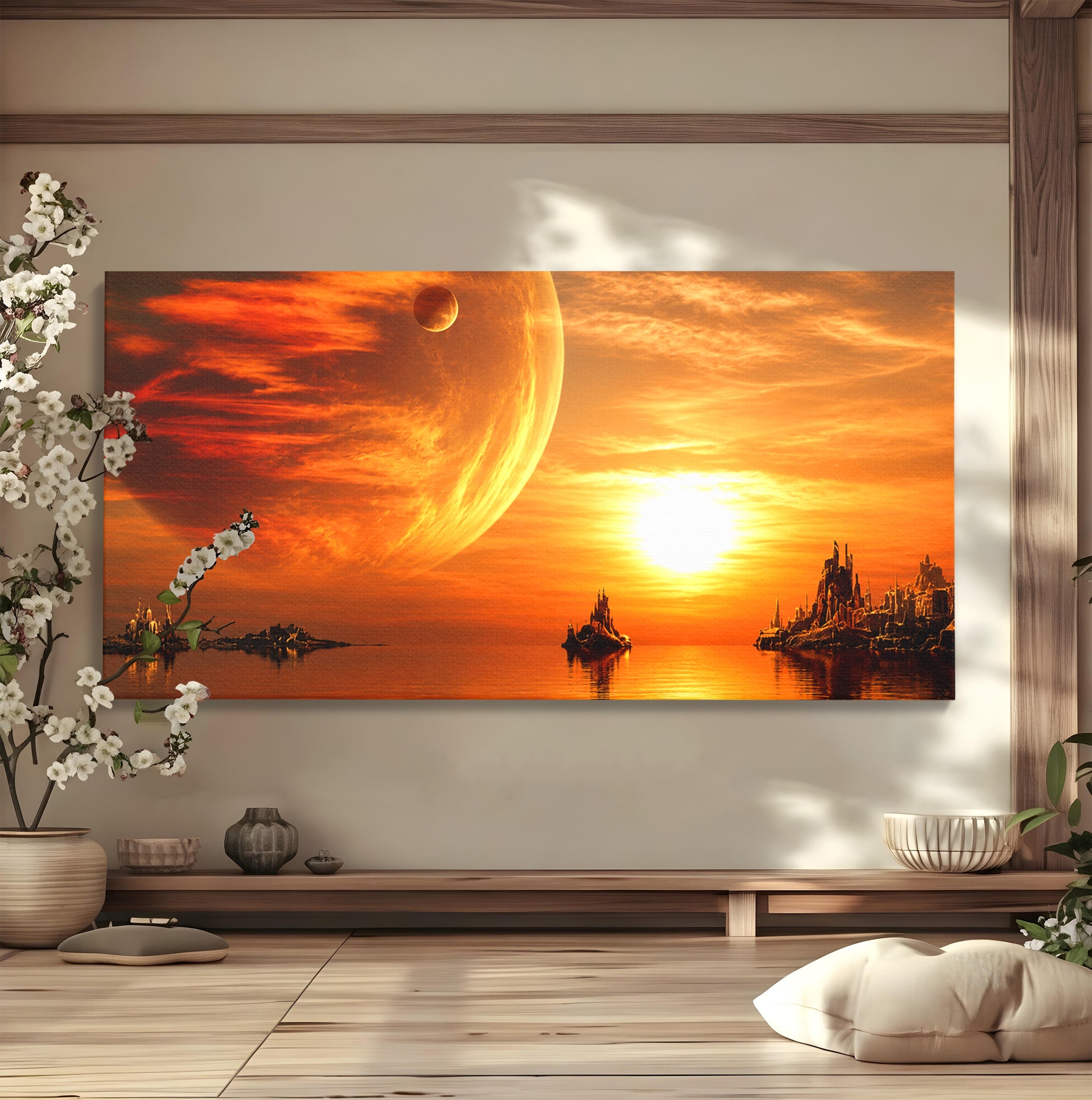 Tablou Canvas Premium LuxCanva® S1020, Planeta La Apus, Planeta, Apus, Peisaj, Fantezie, Living, Culori Vibrante