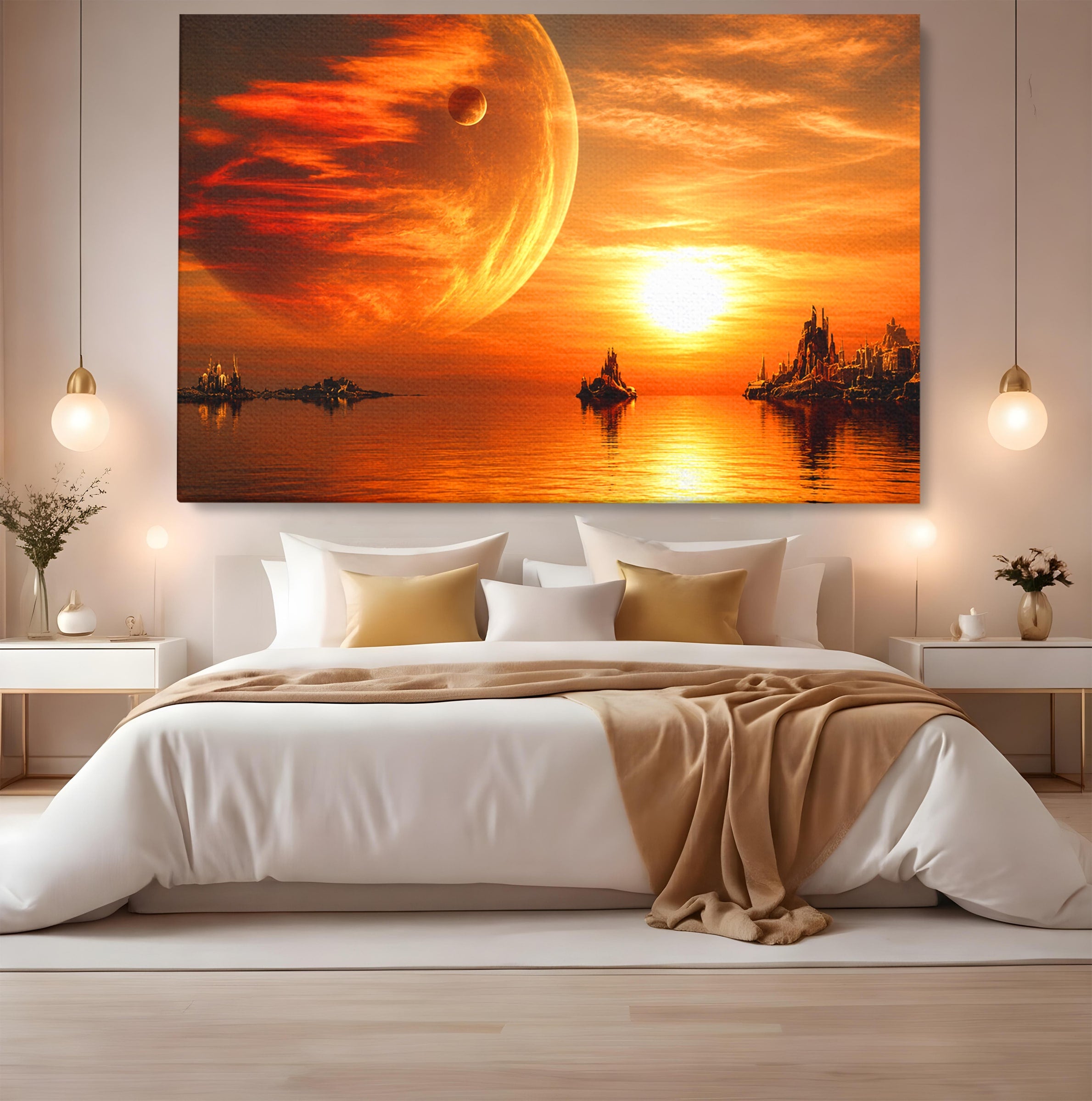 Tablou Canvas Premium LuxCanva® S1020, Planeta La Apus, Planeta, Apus, Peisaj, Fantezie, Living, Culori Vibrante