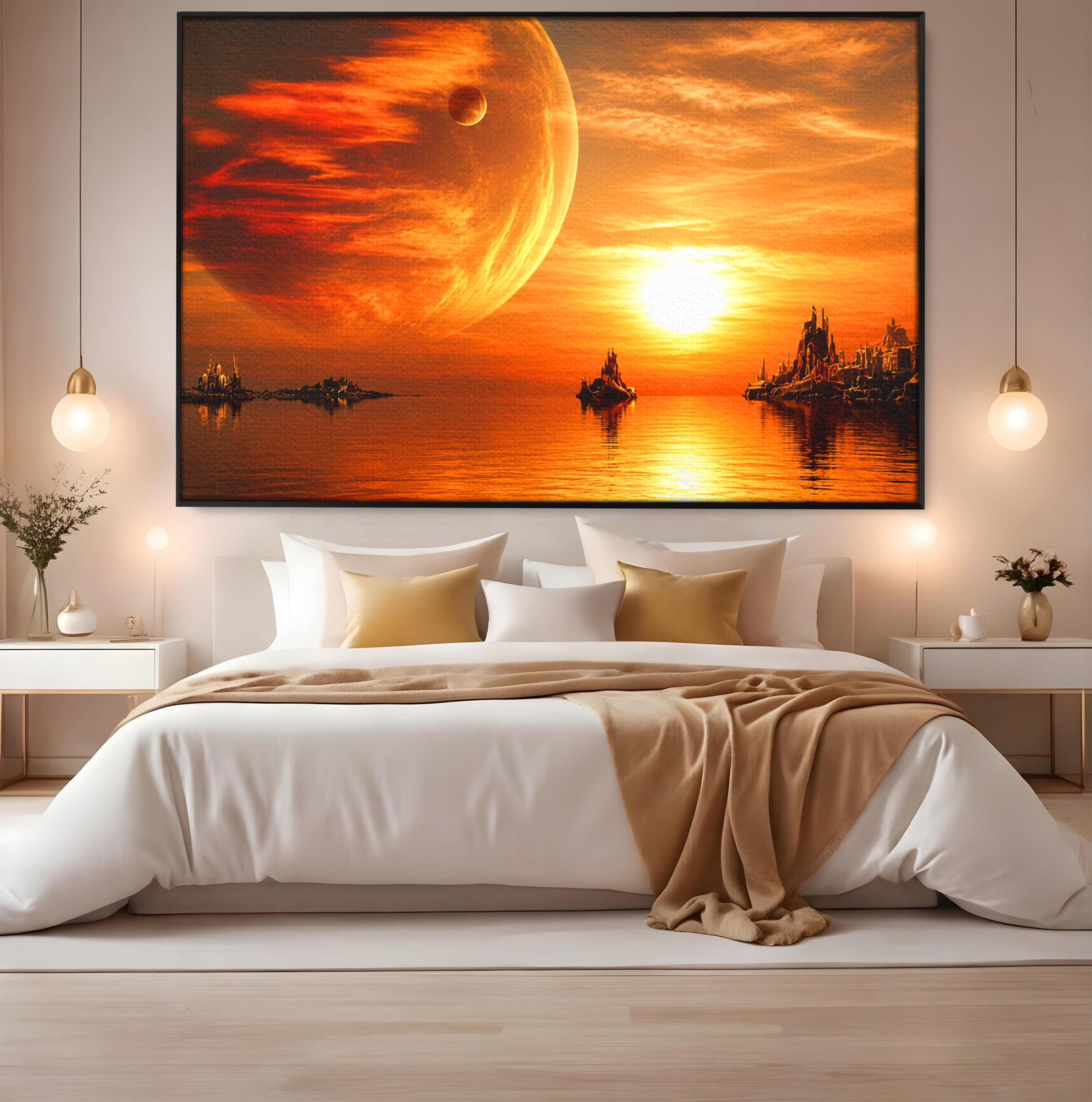 Tablou Canvas Premium LuxCanva® S1020, Planeta La Apus, Planeta, Apus, Peisaj, Fantezie, Living, Culori Vibrante