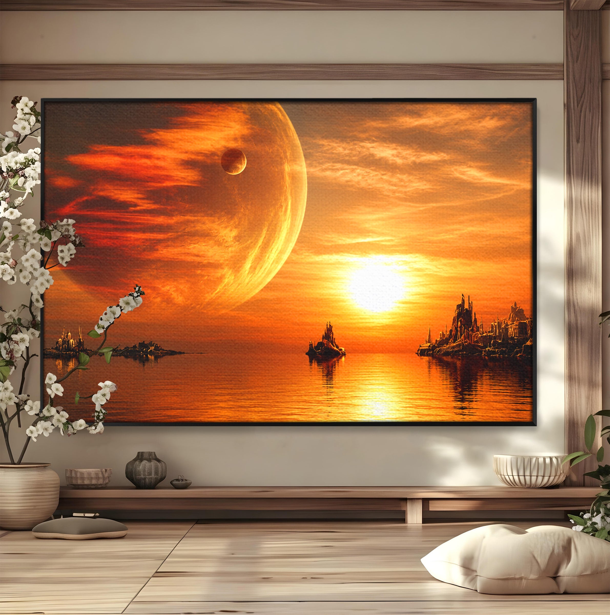 Tablou Canvas Premium LuxCanva® S1020, Planeta La Apus, Planeta, Apus, Peisaj, Fantezie, Living, Culori Vibrante