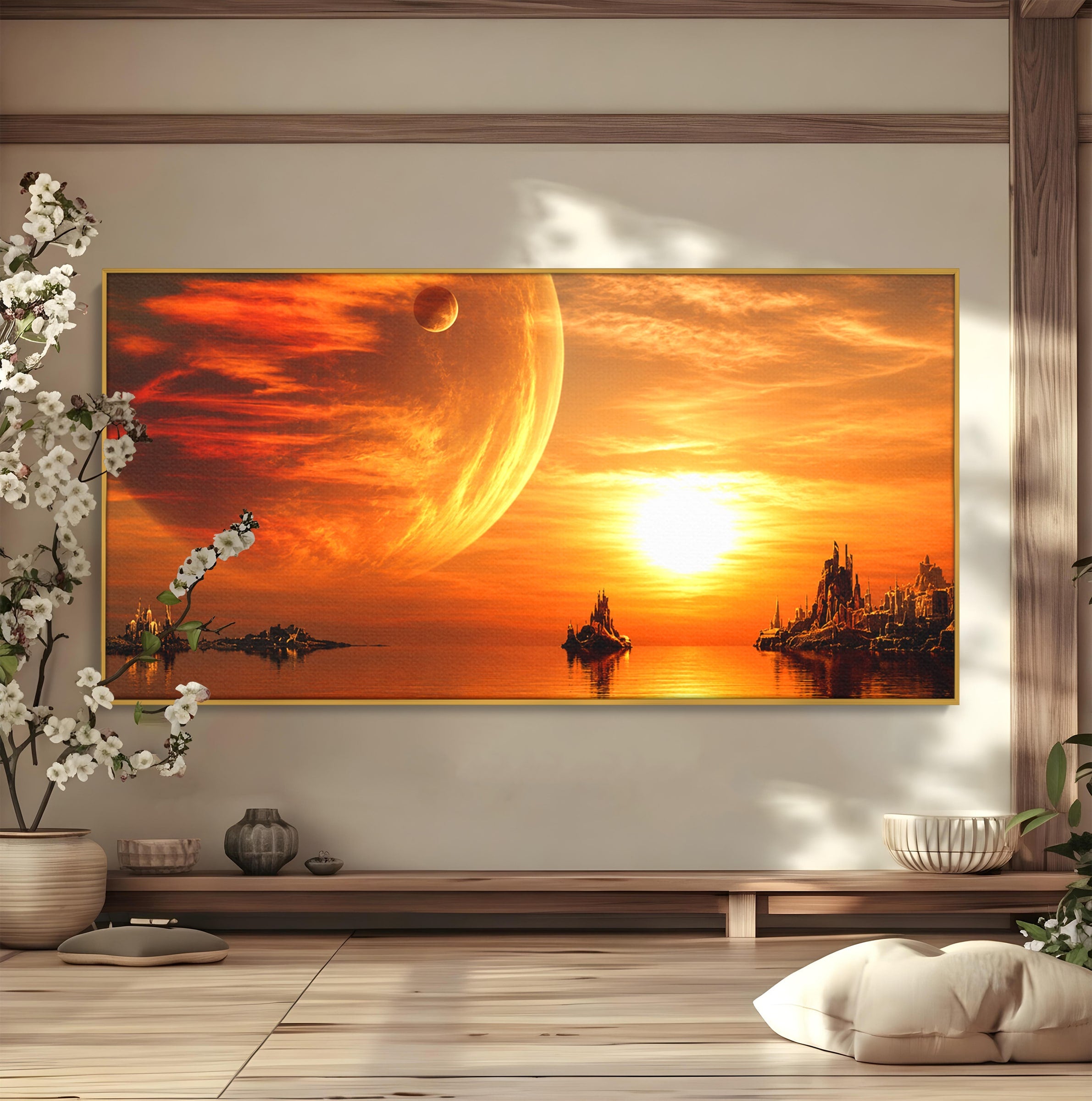 Tablou Canvas Premium LuxCanva® S1020, Planeta La Apus, Planeta, Apus, Peisaj, Fantezie, Living, Culori Vibrante