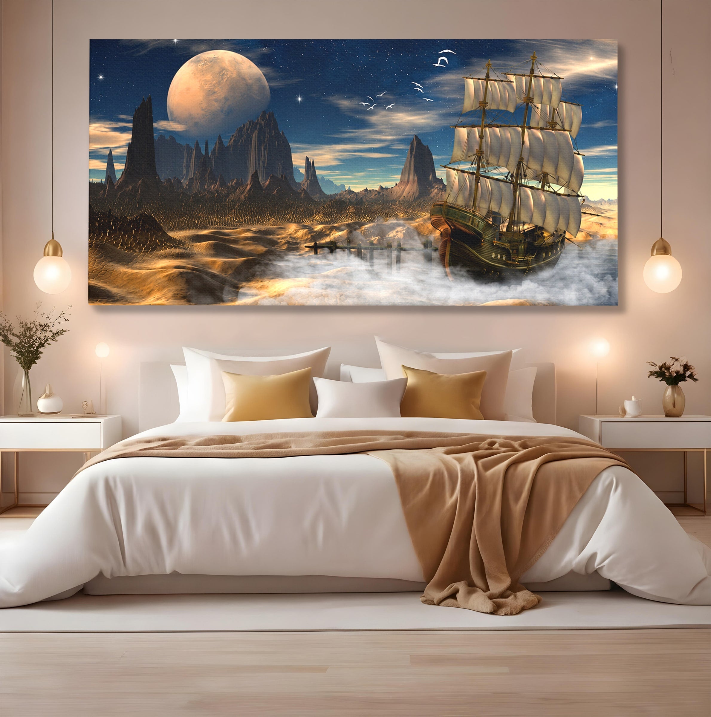 Tablou Canvas Premium LuxCanva® S1021, Corabie In Peisaj Cosmic, Corabie, Peisaj, Cosmos, Fantezie, Dormitor, Living, Culori Vibrante