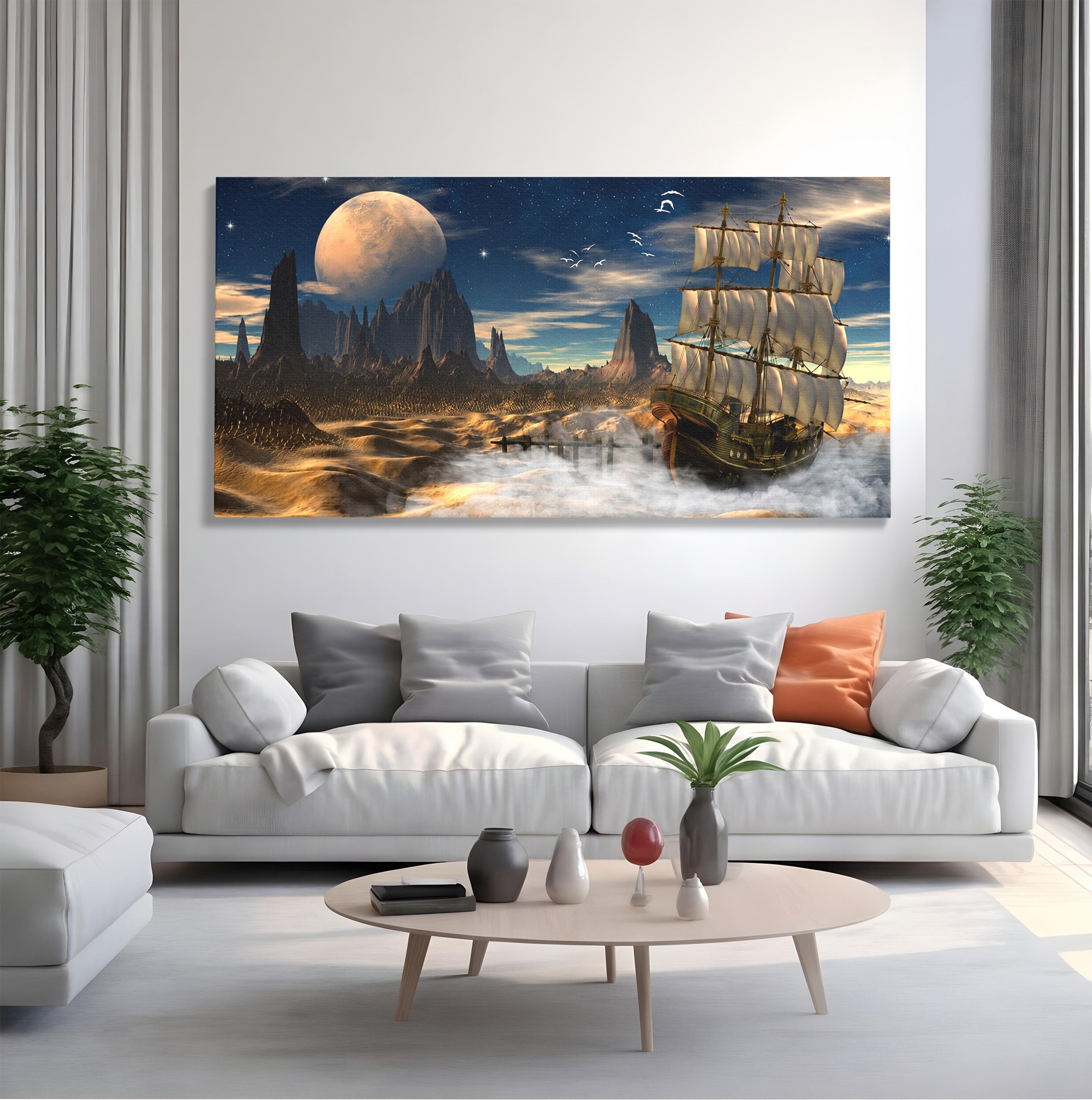 Tablou Canvas Premium LuxCanva® S1021, Corabie In Peisaj Cosmic, Corabie, Peisaj, Cosmos, Fantezie, Dormitor, Living, Culori Vibrante
