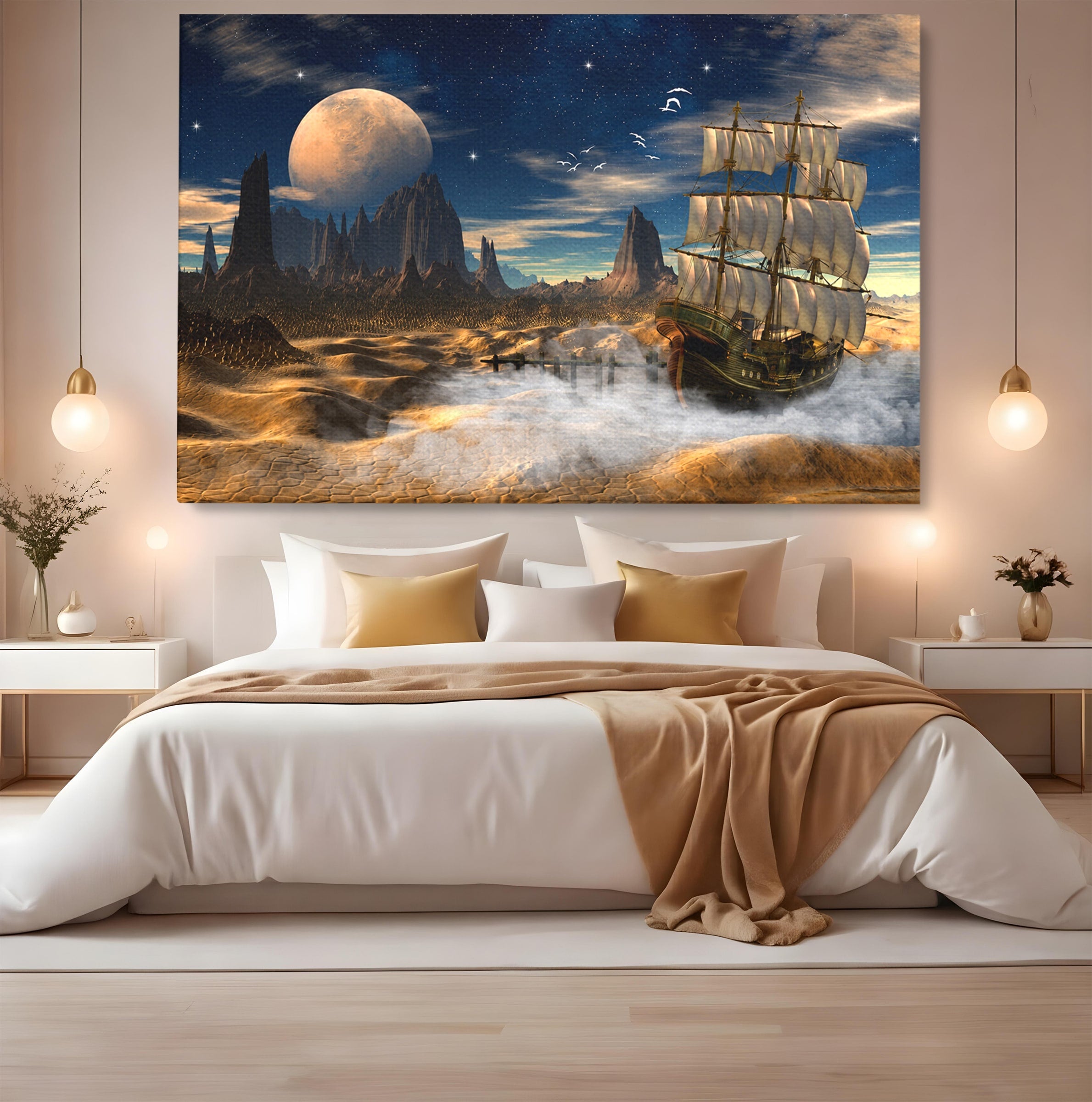 Tablou Canvas Premium LuxCanva® S1021, Corabie In Peisaj Cosmic, Corabie, Peisaj, Cosmos, Fantezie, Dormitor, Living, Culori Vibrante