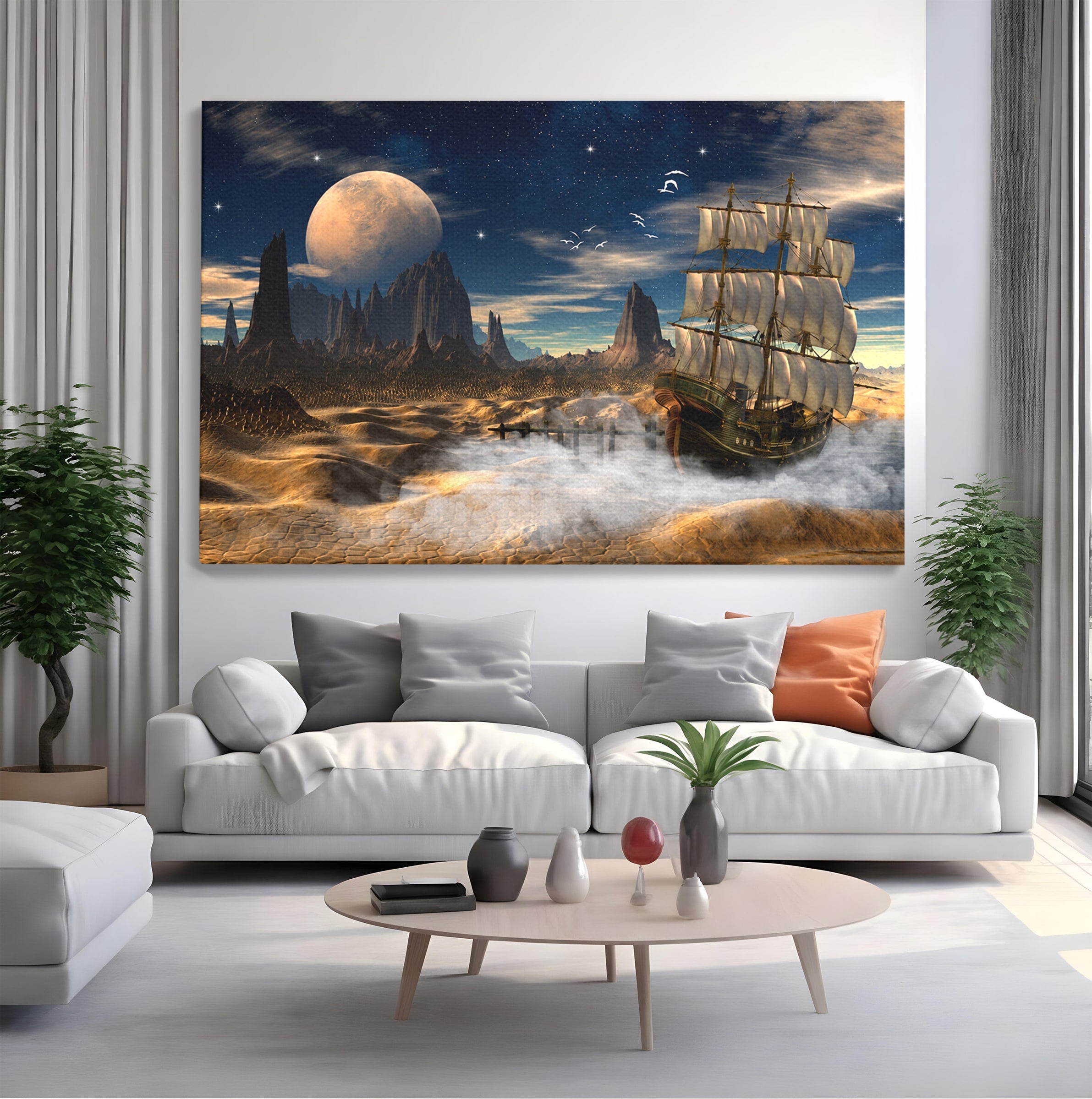Tablou Canvas Premium LuxCanva® S1021, Corabie In Peisaj Cosmic, Corabie, Peisaj, Cosmos, Fantezie, Dormitor, Living, Culori Vibrante