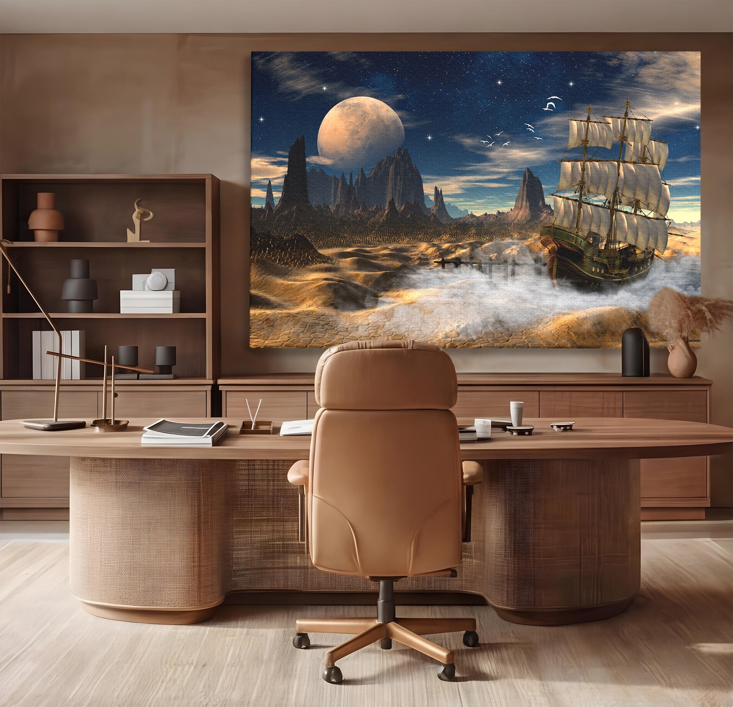 Tablou Canvas Premium LuxCanva® S1021, Corabie In Peisaj Cosmic, Corabie, Peisaj, Cosmos, Fantezie, Dormitor, Living, Culori Vibrante
