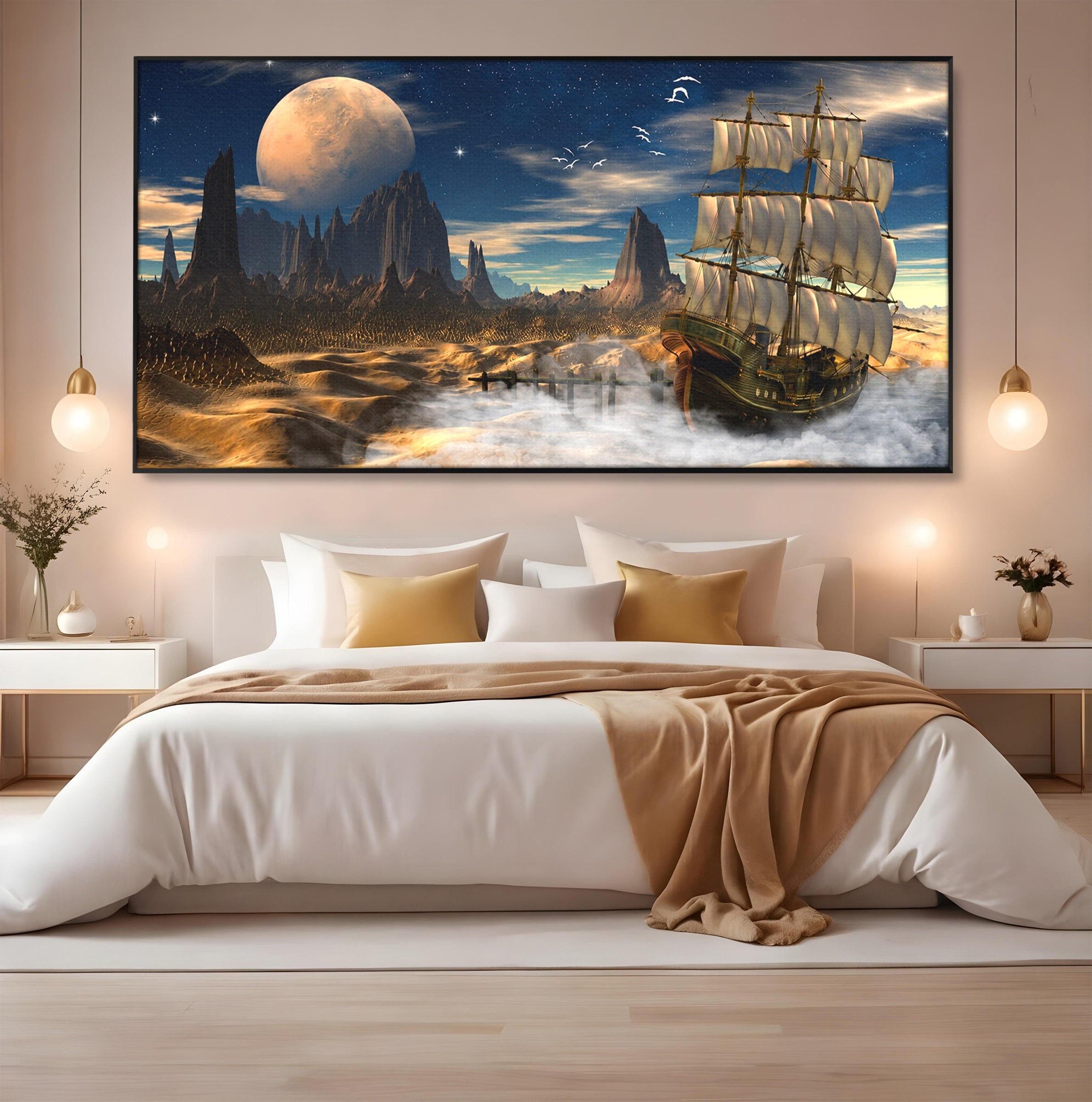 Tablou Canvas Premium LuxCanva® S1021, Corabie In Peisaj Cosmic, Corabie, Peisaj, Cosmos, Fantezie, Dormitor, Living, Culori Vibrante