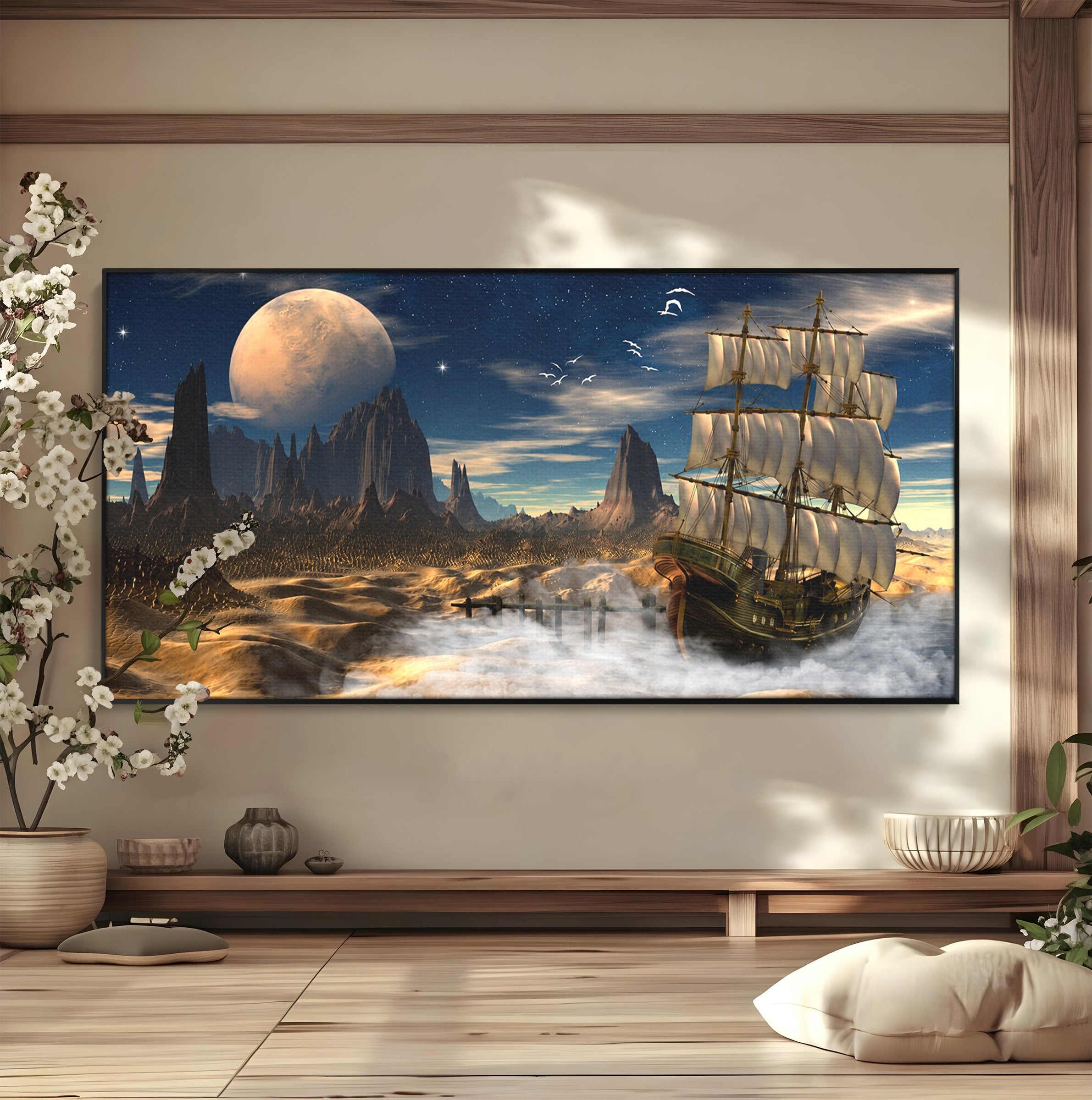 Tablou Canvas Premium LuxCanva® S1021, Corabie In Peisaj Cosmic, Corabie, Peisaj, Cosmos, Fantezie, Dormitor, Living, Culori Vibrante