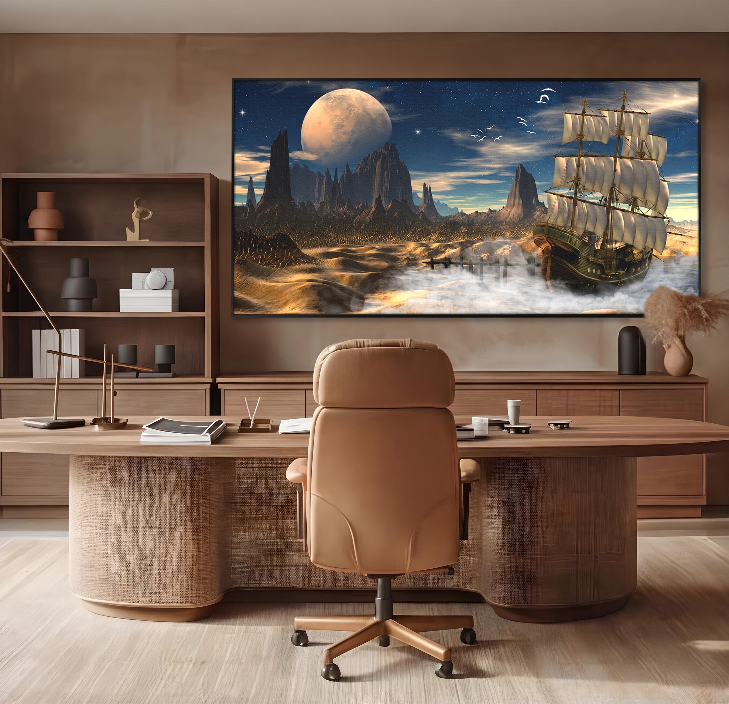 Tablou Canvas Premium LuxCanva® S1021, Corabie In Peisaj Cosmic, Corabie, Peisaj, Cosmos, Fantezie, Dormitor, Living, Culori Vibrante