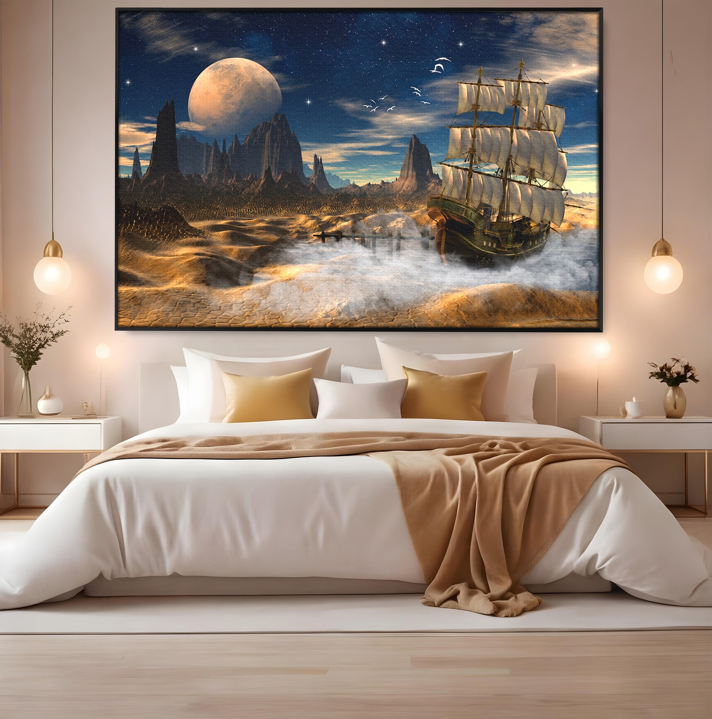 Tablou Canvas Premium LuxCanva® S1021, Corabie In Peisaj Cosmic, Corabie, Peisaj, Cosmos, Fantezie, Dormitor, Living, Culori Vibrante