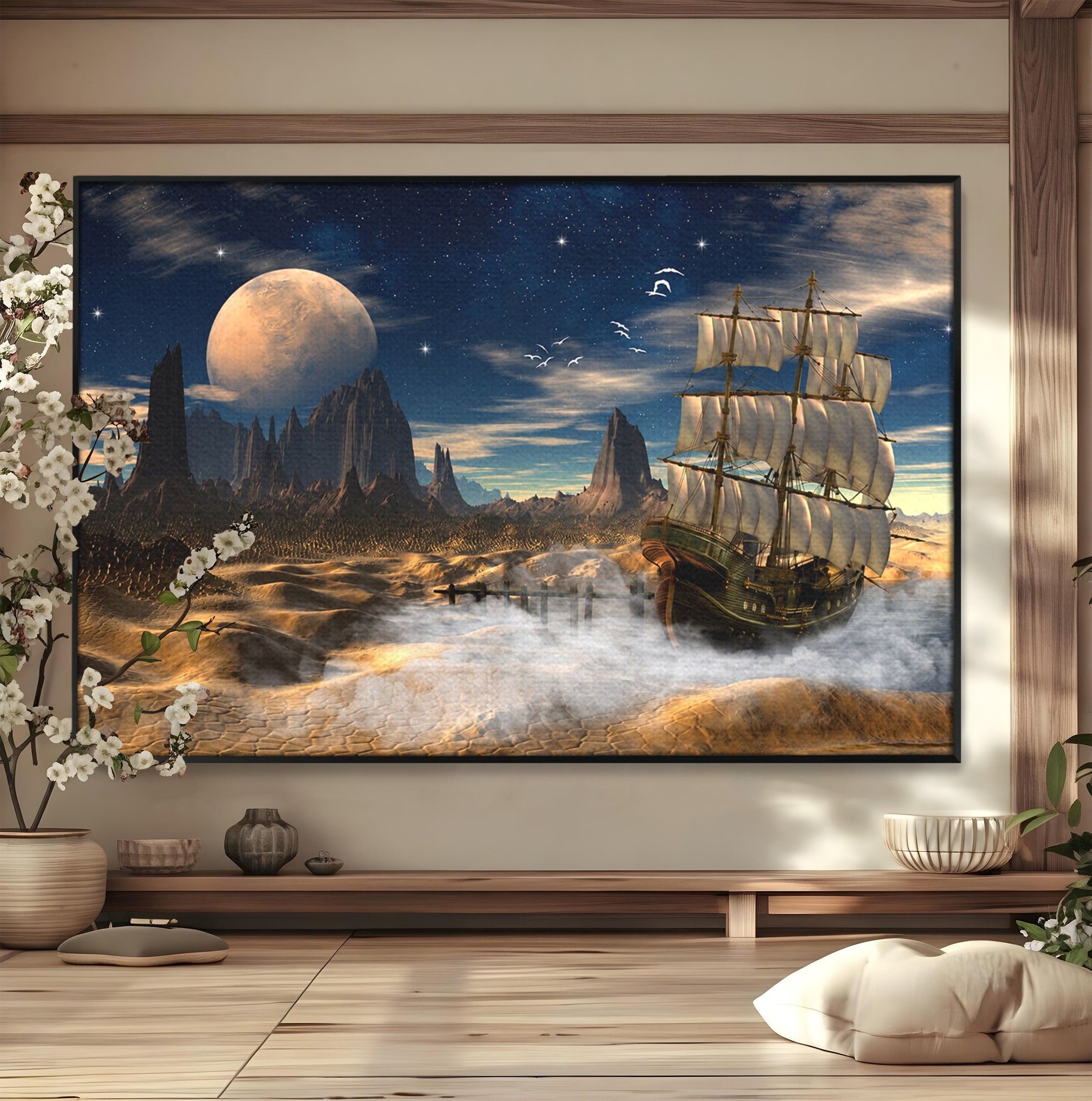 Tablou Canvas Premium LuxCanva® S1021, Corabie In Peisaj Cosmic, Corabie, Peisaj, Cosmos, Fantezie, Dormitor, Living, Culori Vibrante