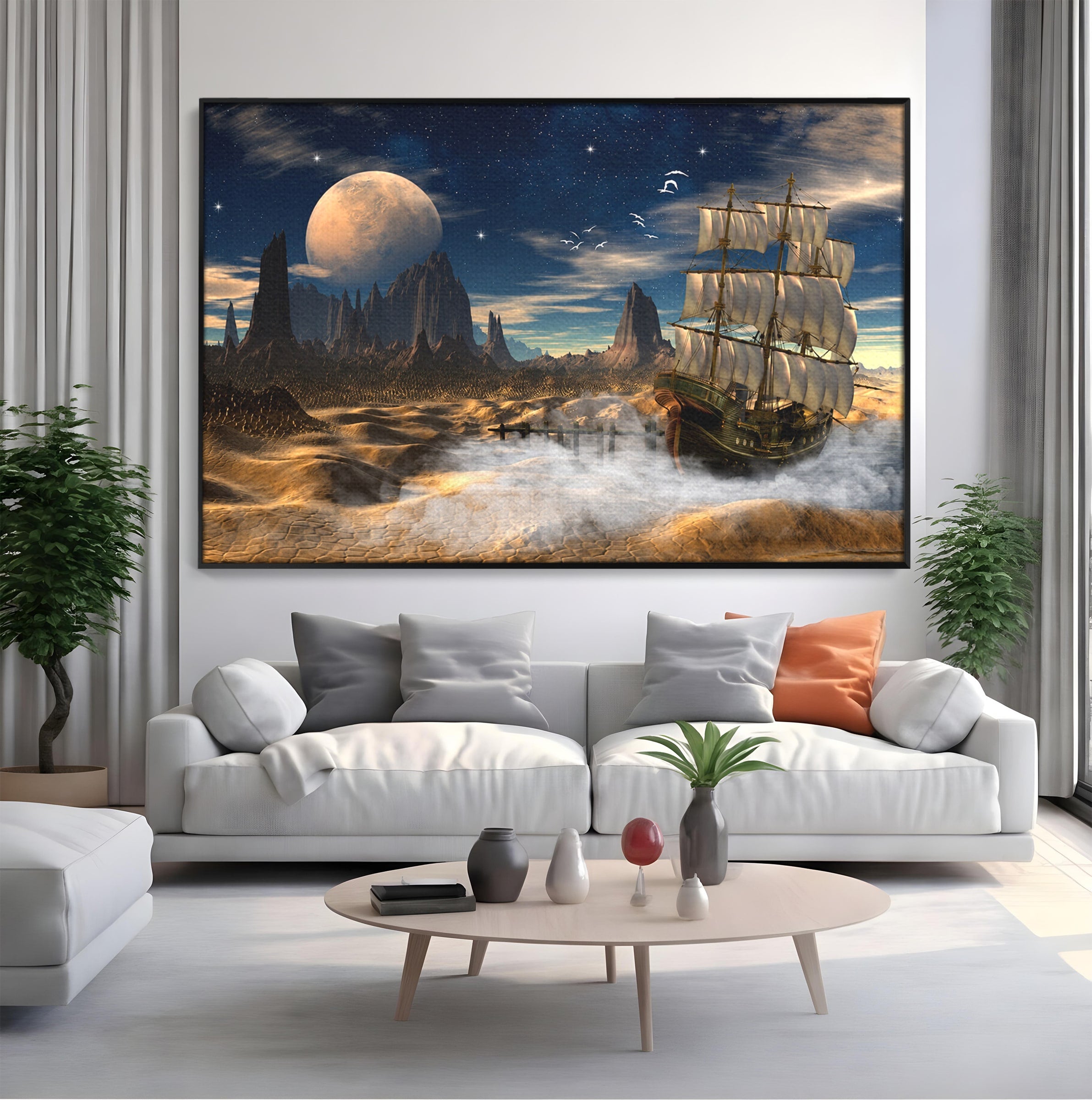 Tablou Canvas Premium LuxCanva® S1021, Corabie In Peisaj Cosmic, Corabie, Peisaj, Cosmos, Fantezie, Dormitor, Living, Culori Vibrante
