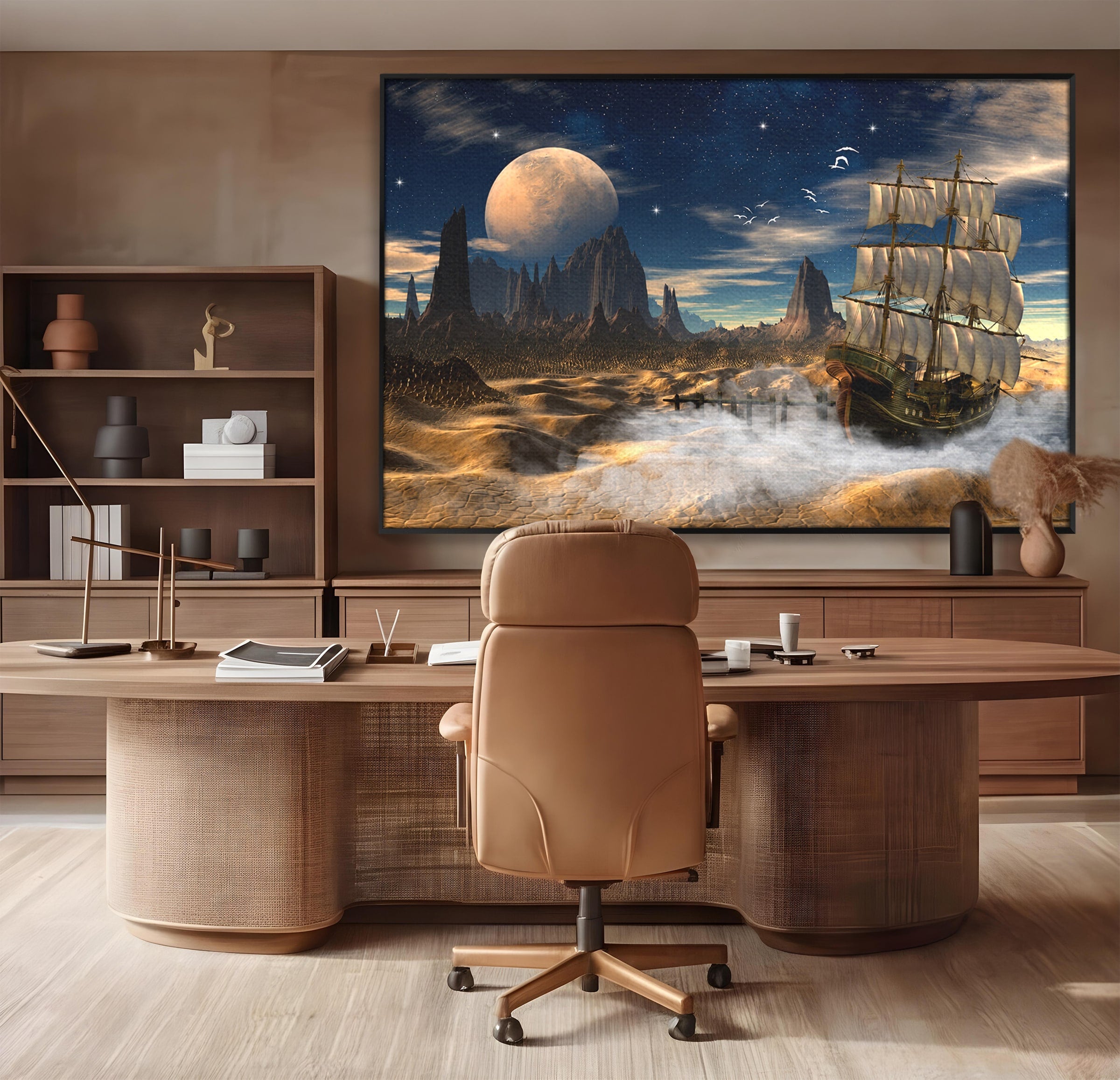 Tablou Canvas Premium LuxCanva® S1021, Corabie In Peisaj Cosmic, Corabie, Peisaj, Cosmos, Fantezie, Dormitor, Living, Culori Vibrante