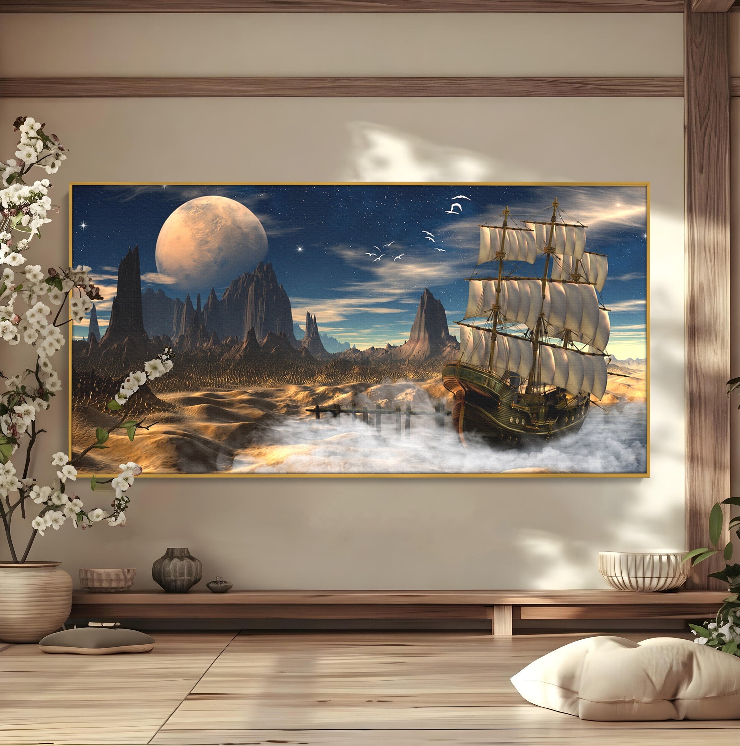 Tablou Canvas Premium LuxCanva® S1021, Corabie In Peisaj Cosmic, Corabie, Peisaj, Cosmos, Fantezie, Dormitor, Living, Culori Vibrante