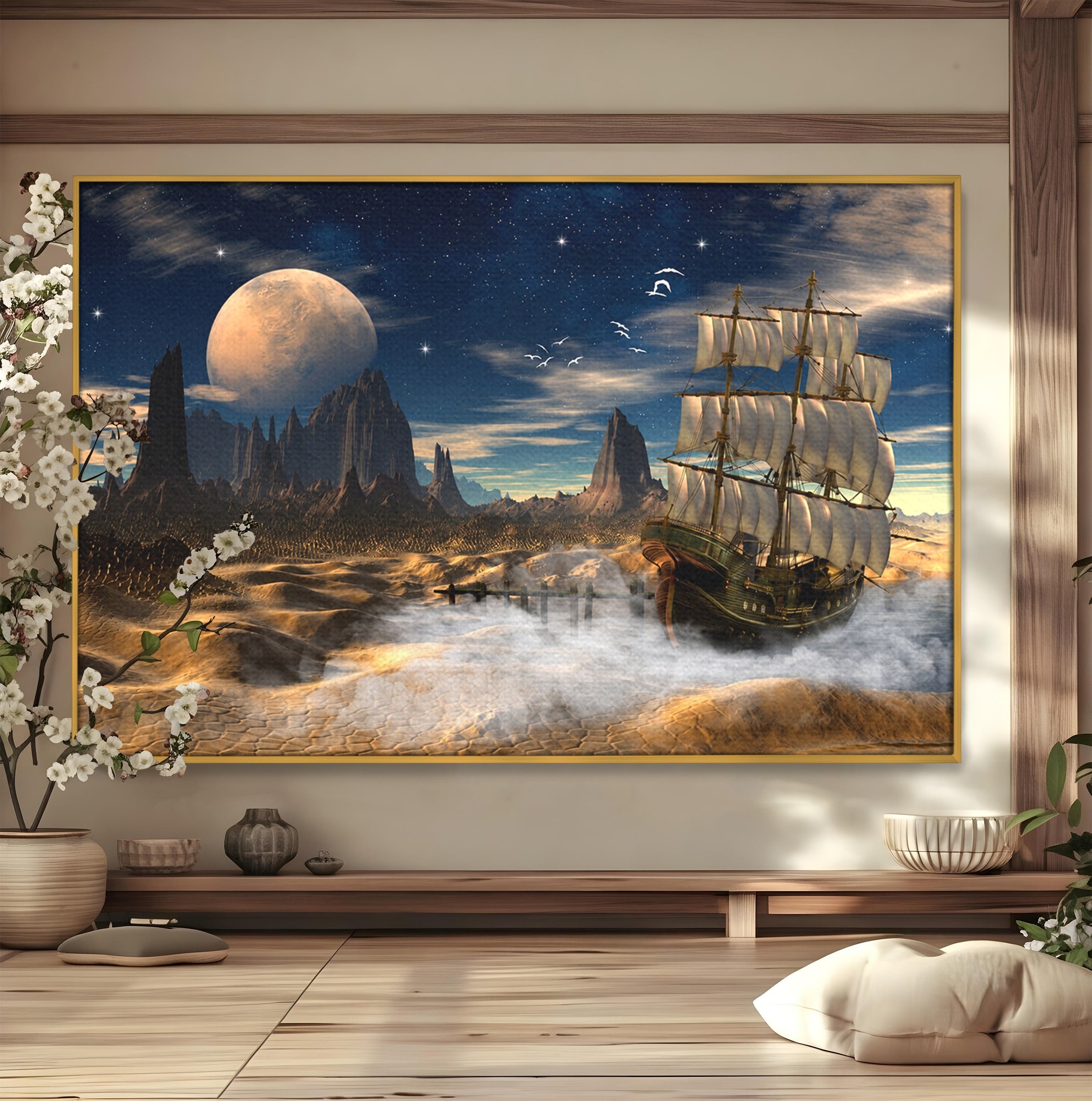 Tablou Canvas Premium LuxCanva® S1021, Corabie In Peisaj Cosmic, Corabie, Peisaj, Cosmos, Fantezie, Dormitor, Living, Culori Vibrante