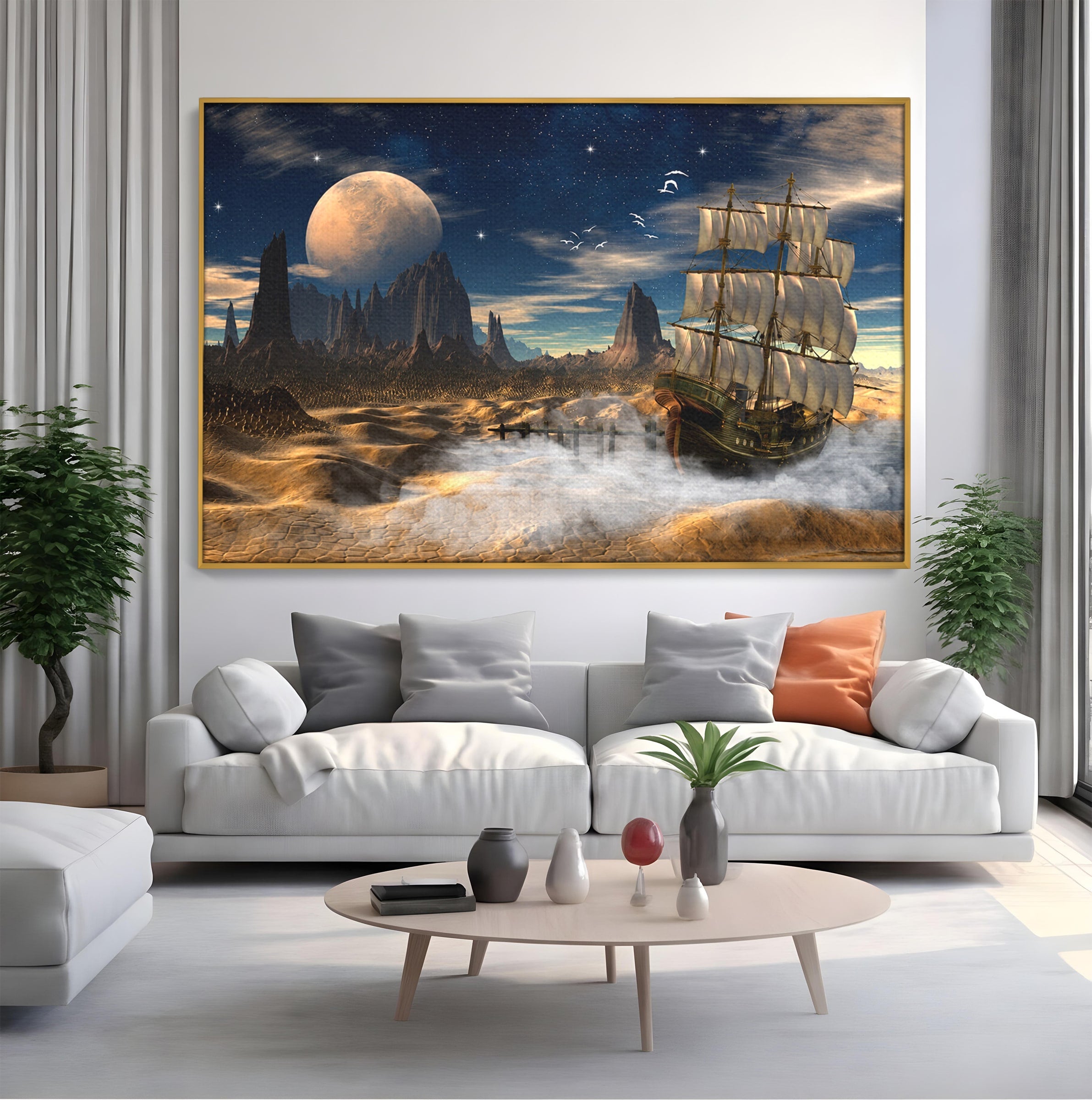 Tablou Canvas Premium LuxCanva® S1021, Corabie In Peisaj Cosmic, Corabie, Peisaj, Cosmos, Fantezie, Dormitor, Living, Culori Vibrante