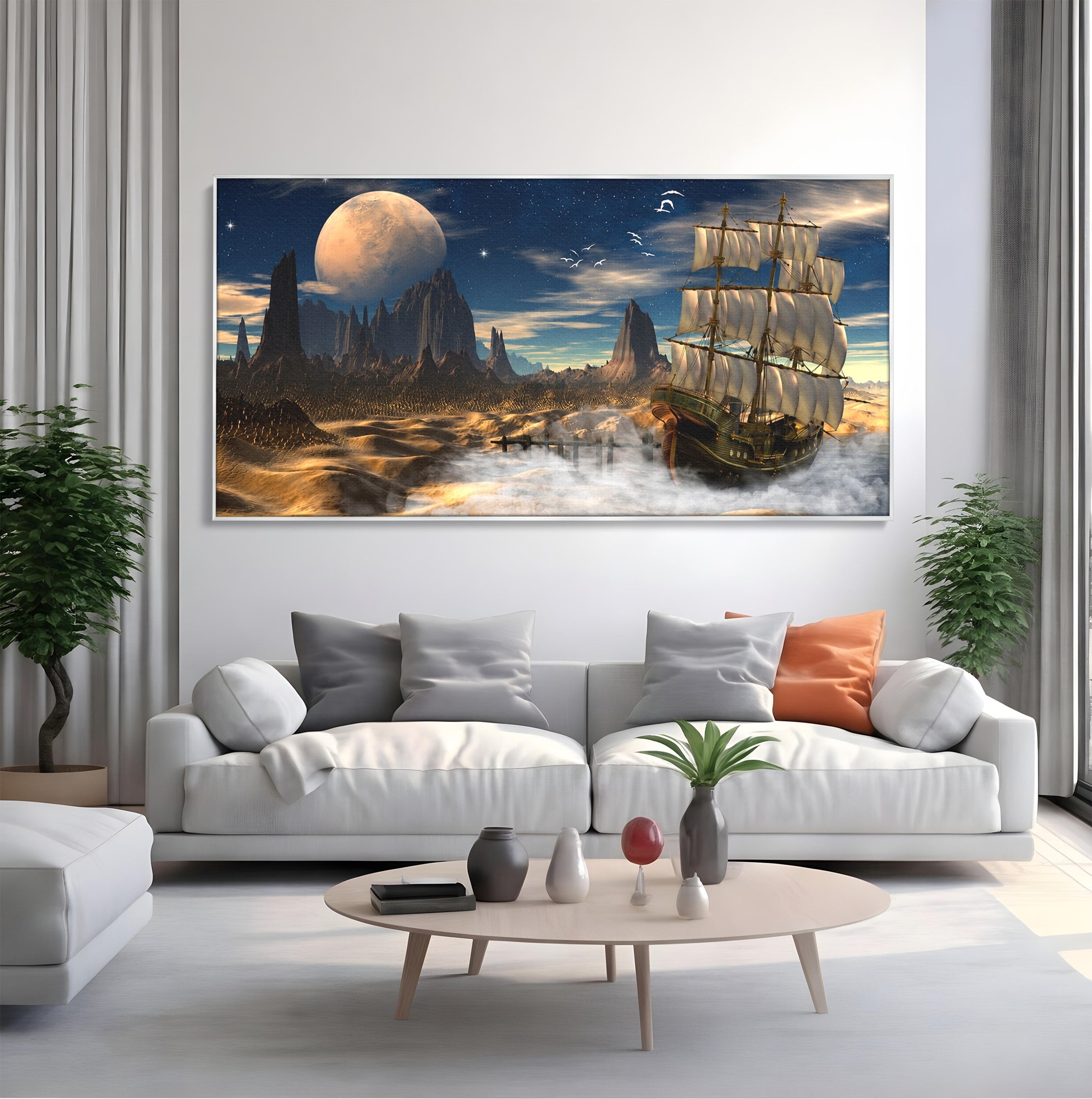 Tablou Canvas Premium LuxCanva® S1021, Corabie In Peisaj Cosmic, Corabie, Peisaj, Cosmos, Fantezie, Dormitor, Living, Culori Vibrante
