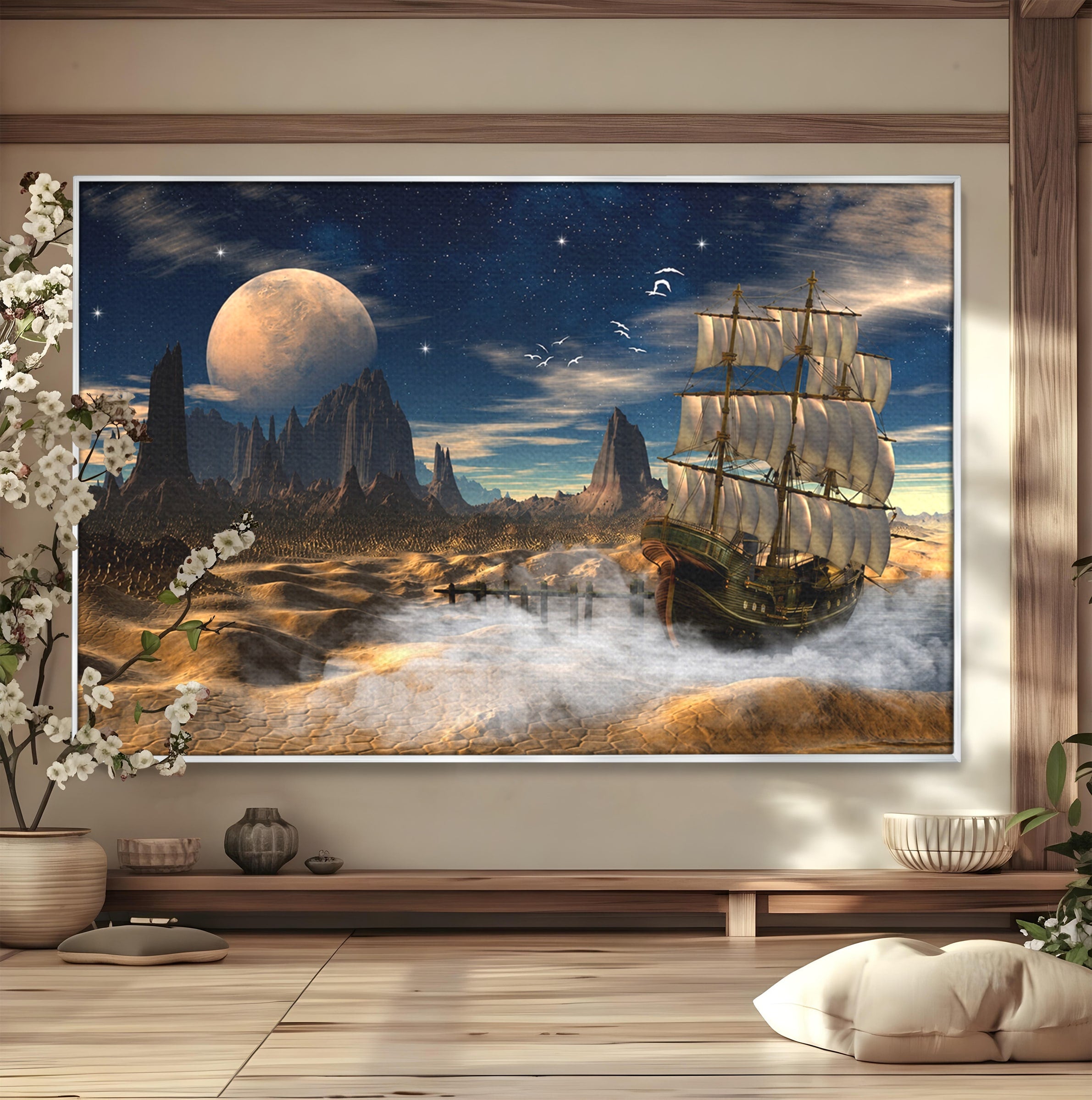 Tablou Canvas Premium LuxCanva® S1021, Corabie In Peisaj Cosmic, Corabie, Peisaj, Cosmos, Fantezie, Dormitor, Living, Culori Vibrante
