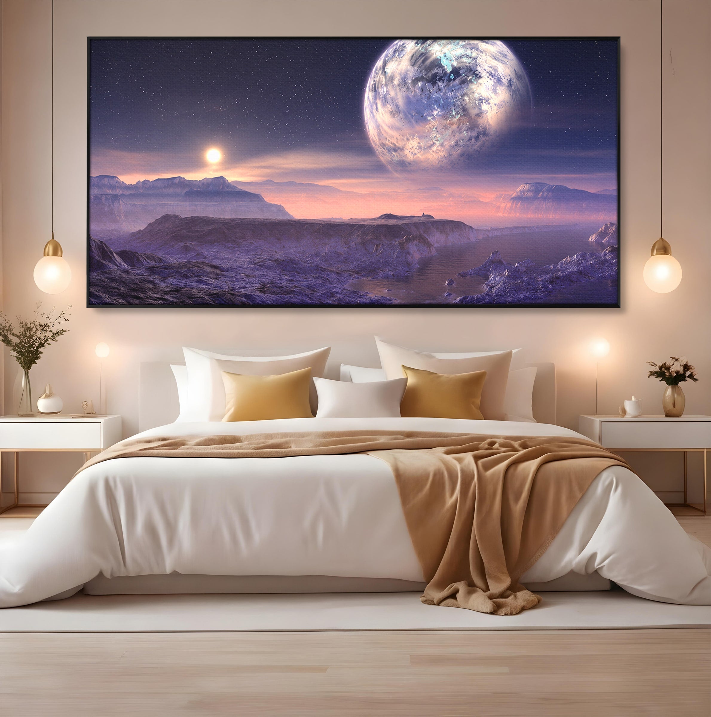 Tablou Canvas Premium LuxCanva® S1022, Peisaj Cosmic, Spatiu, Planeta, Peisaj, Univers, Dormitor, Culori Vibrante