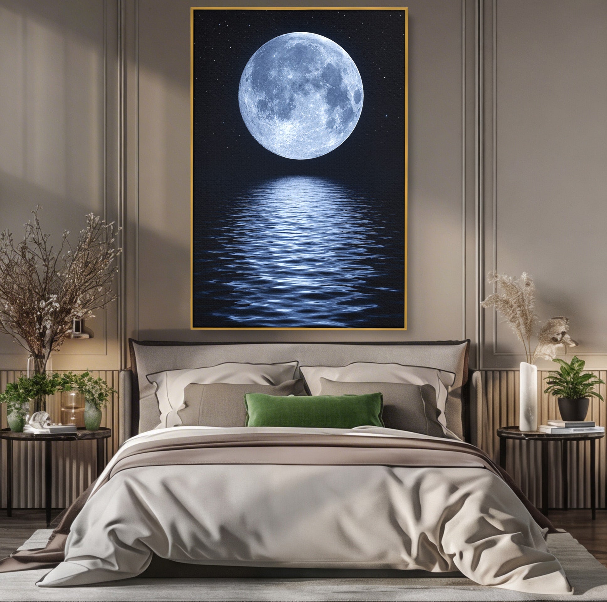 Tablou Canvas Premium LuxCanva® S1023, Luna Reflecție, Luna, Reflexie, Apa, Noapte, Cer, Dormitor, Culori Vibrante