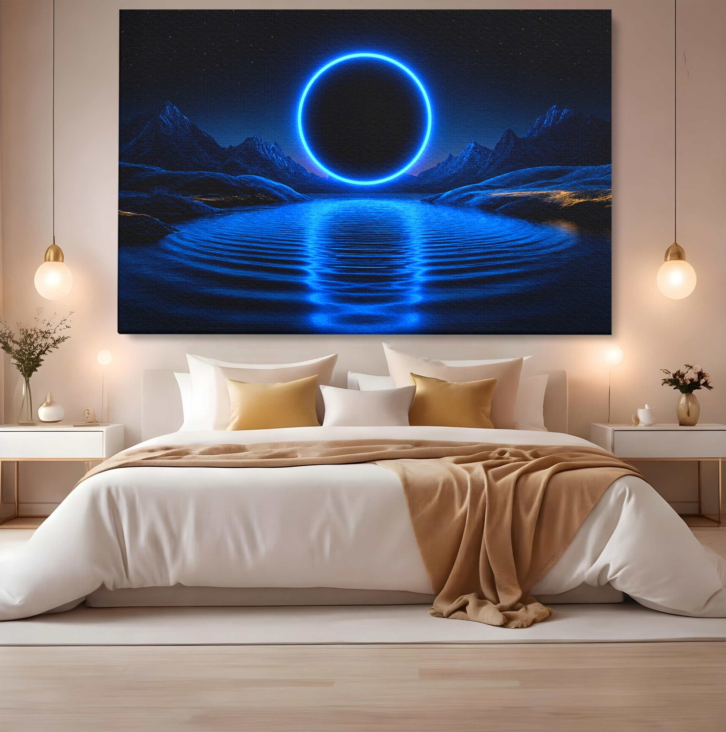Tablou Canvas Premium LuxCanva® S1028, Eclipsa Luminata, Peisaj, Noapte, Fantast, Lac, Living, Dormitor, Culori Vibrante